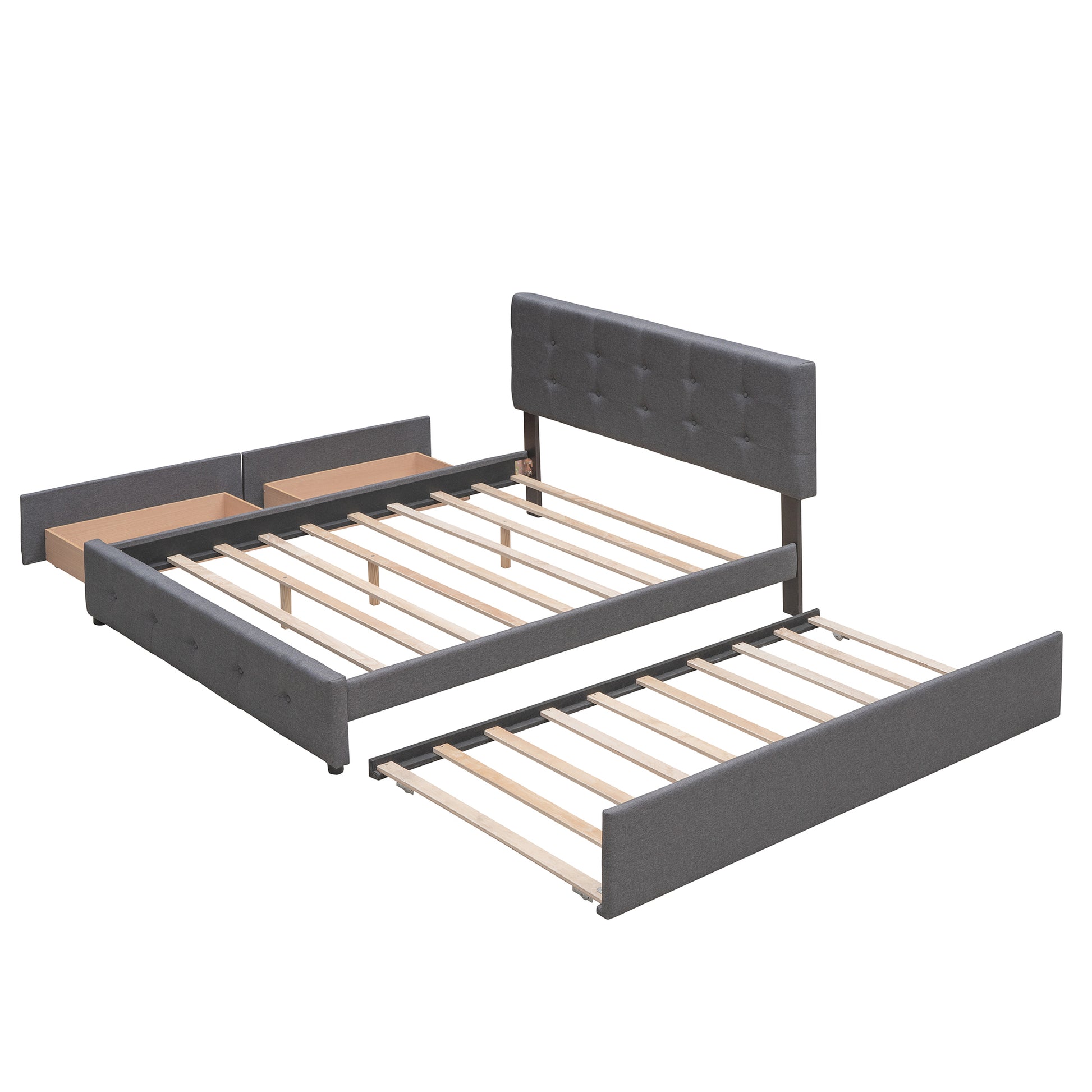 Upholstered Platform Bed With 2 Drawers And 1 Twin Xl Trundle, Linen Fabric, Queen Size Dark Gray Old Sku :Lp000314Aae Dark Gray Upholstered