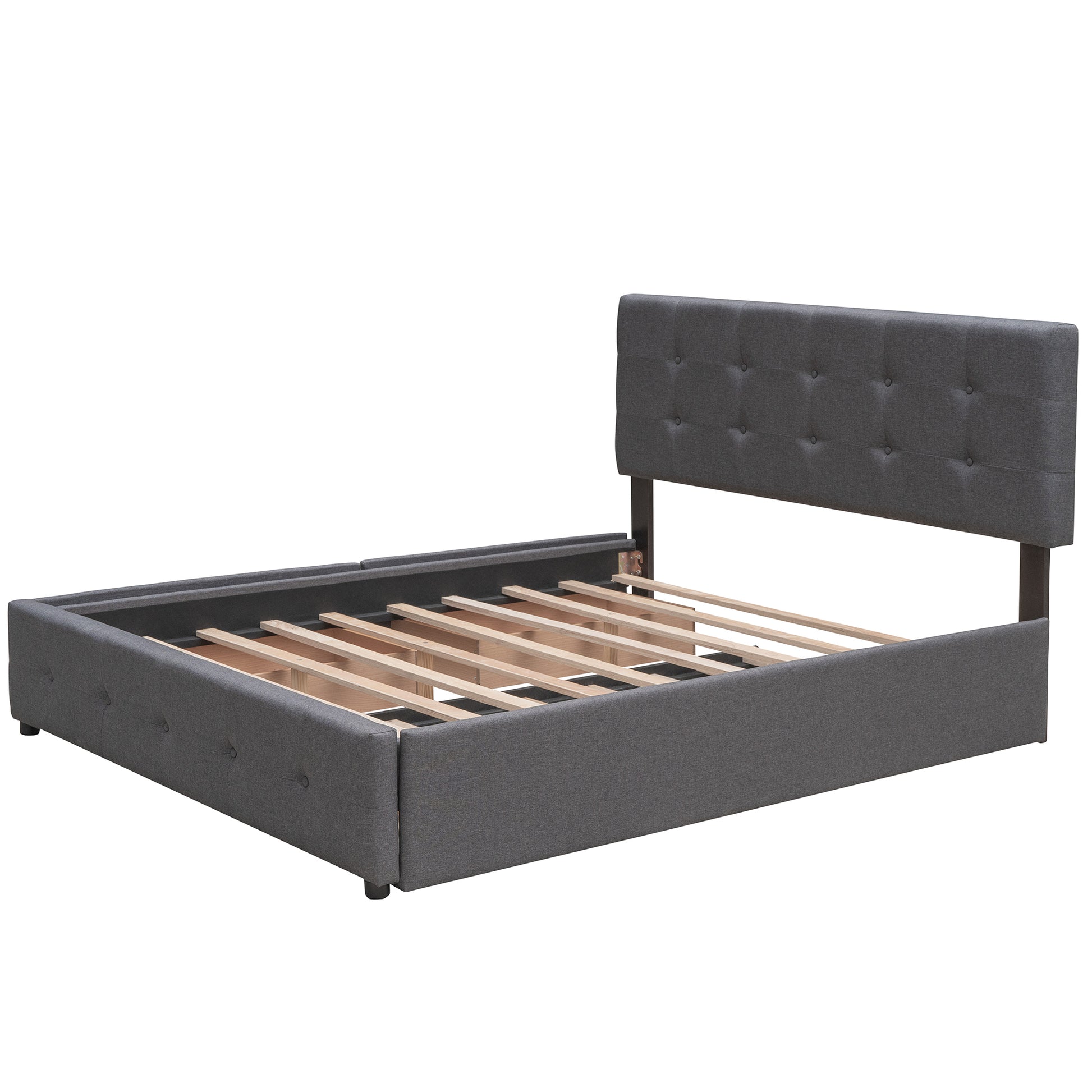 Upholstered Platform Bed With 2 Drawers And 1 Twin Xl Trundle, Linen Fabric, Queen Size Dark Gray Old Sku :Lp000314Aae Dark Gray Upholstered