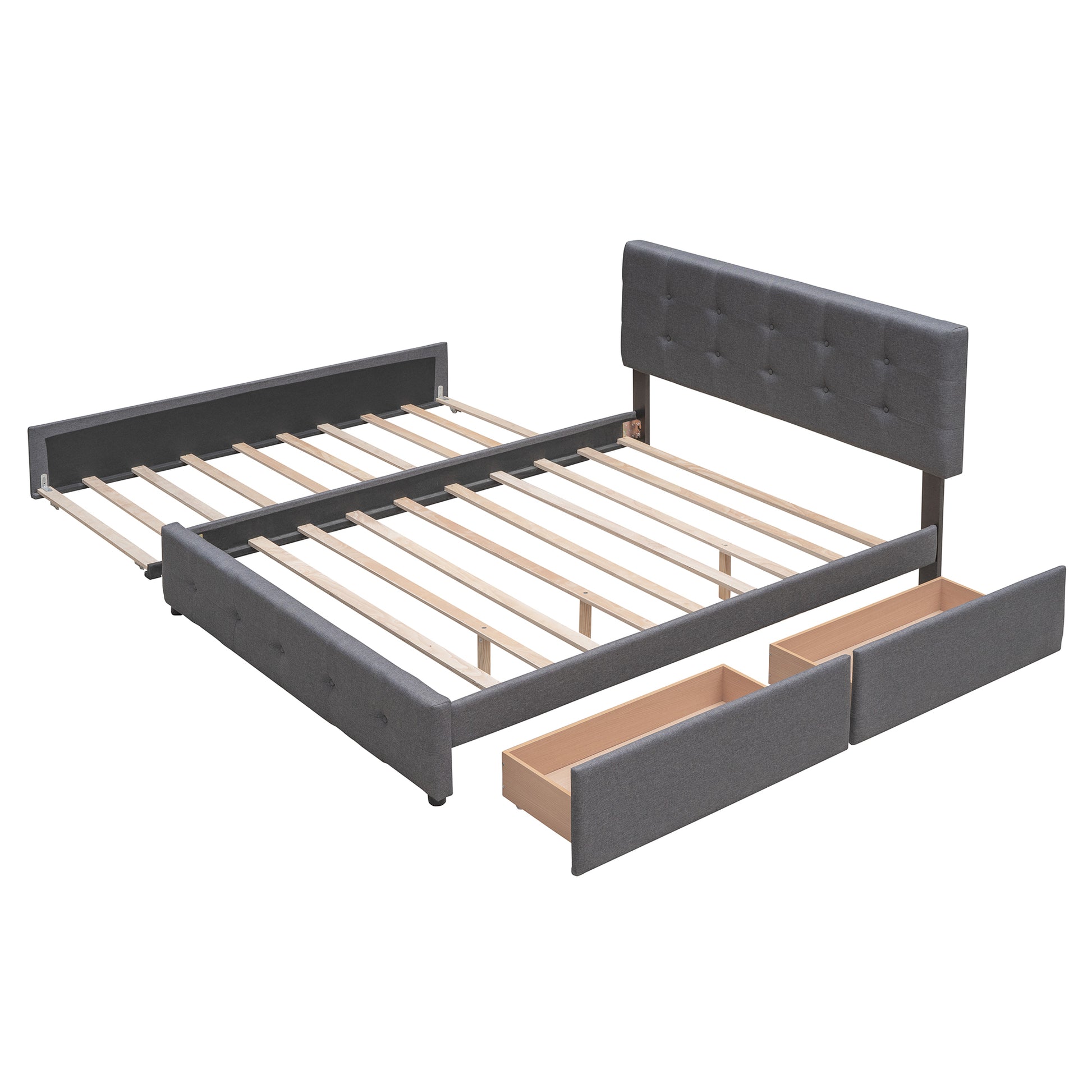 Upholstered Platform Bed With 2 Drawers And 1 Twin Xl Trundle, Linen Fabric, Queen Size Dark Gray Old Sku :Lp000314Aae Dark Gray Upholstered