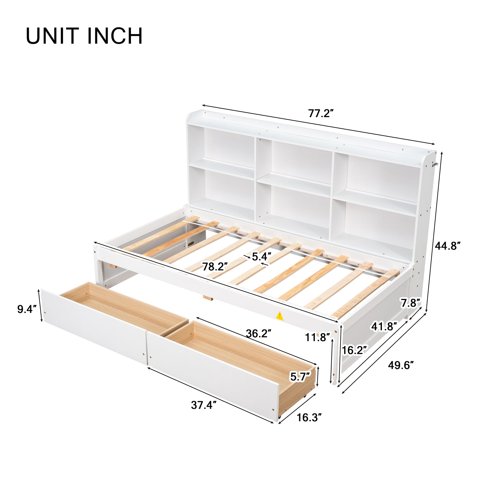 Twin Bed With Side Bookcase, Drawers,White White Pine