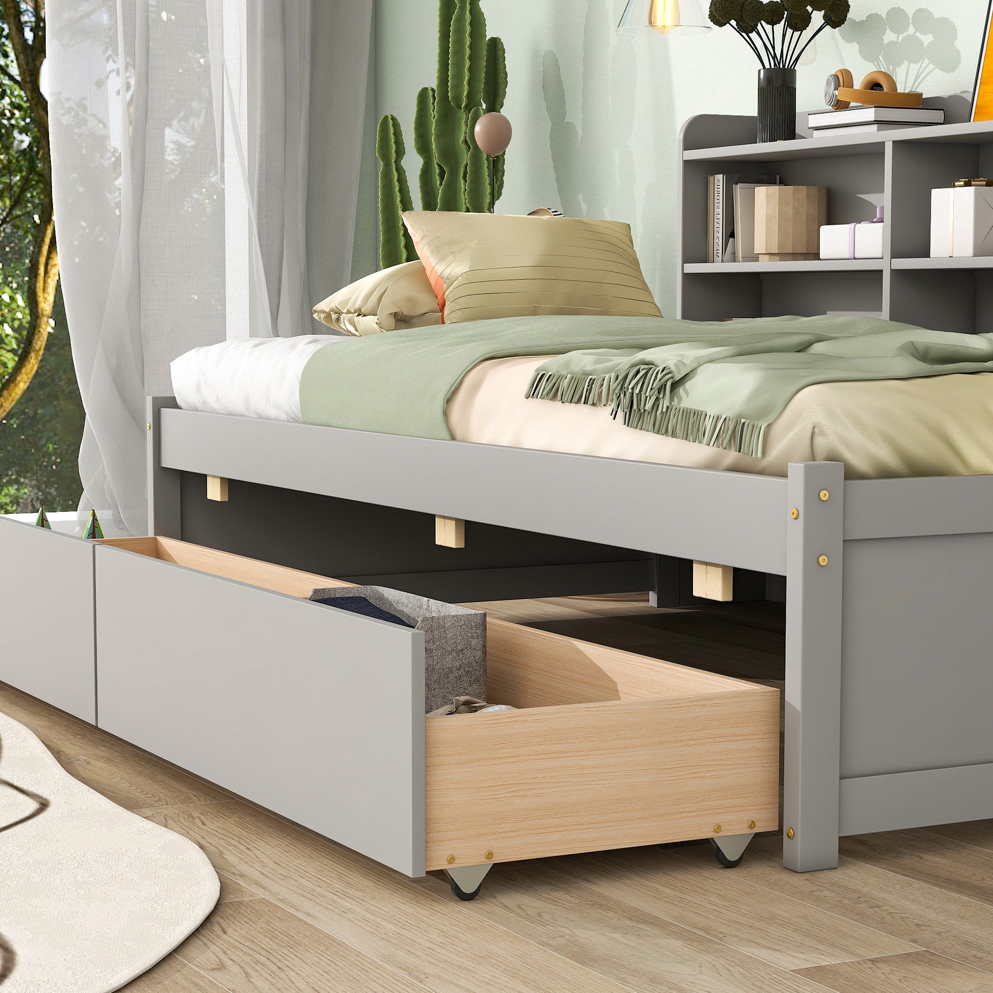 Twin Bed With Side Bookcase, Drawers ,Grey Twin Grey Pine