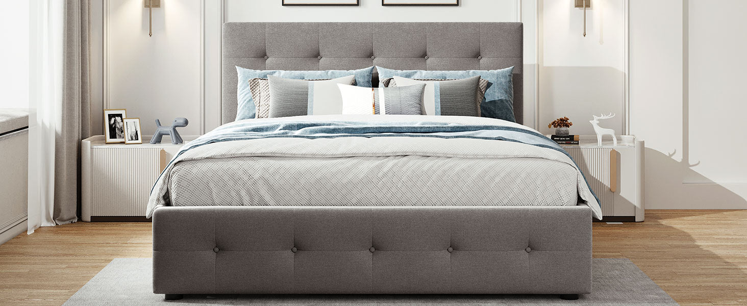 Upholstered Platform Bed With 2 Drawers And 1 Twin Xl Trundle, Linen Fabric, Queen Size Light Gray Old Sku :Lp000314Aan Light Gray Upholstered