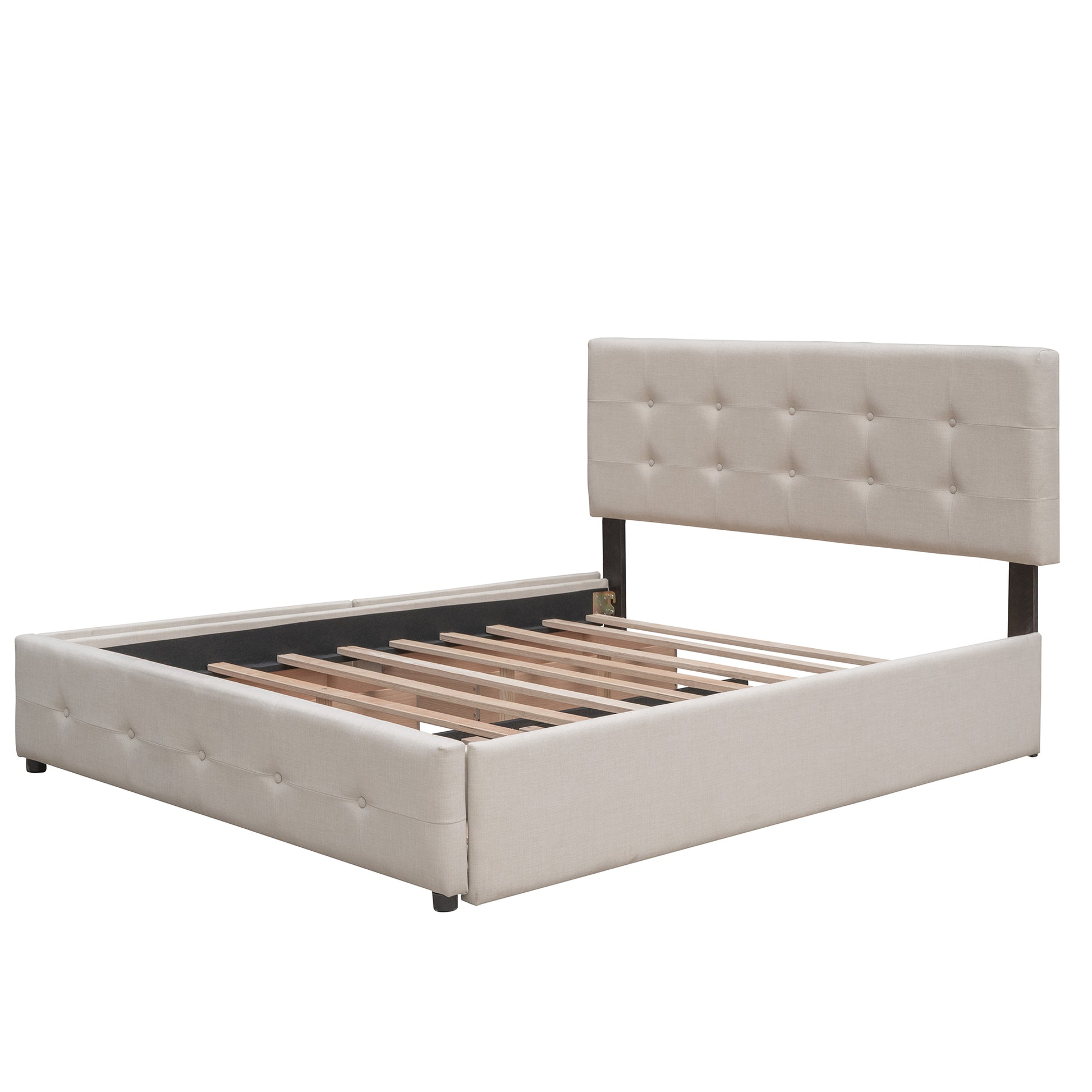 Upholstered Platform Bed With 2 Drawers And 1 Twin Xl Trundle, Linen Fabric, Queen Size Dark Beige Old Sku :Lp000314Aaa Beige Upholstered