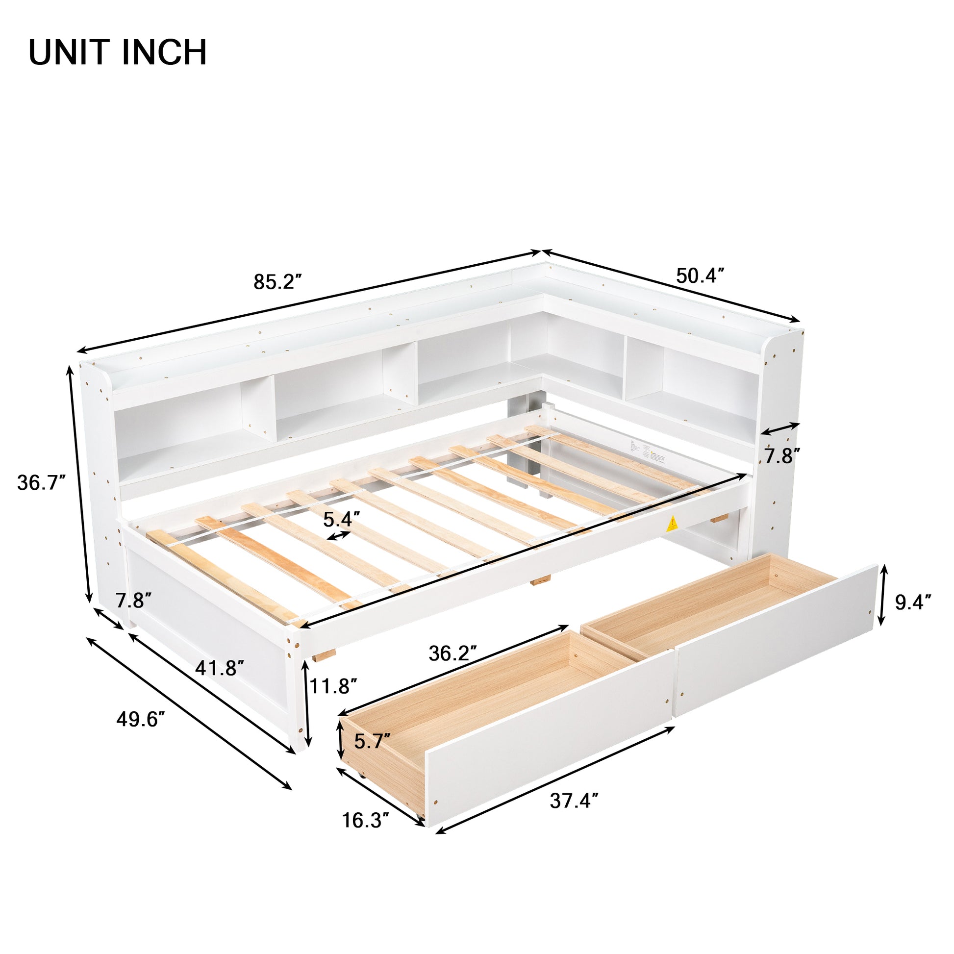 Twin Bed With L Shaped Bookcases,Drawers ,White White Pine