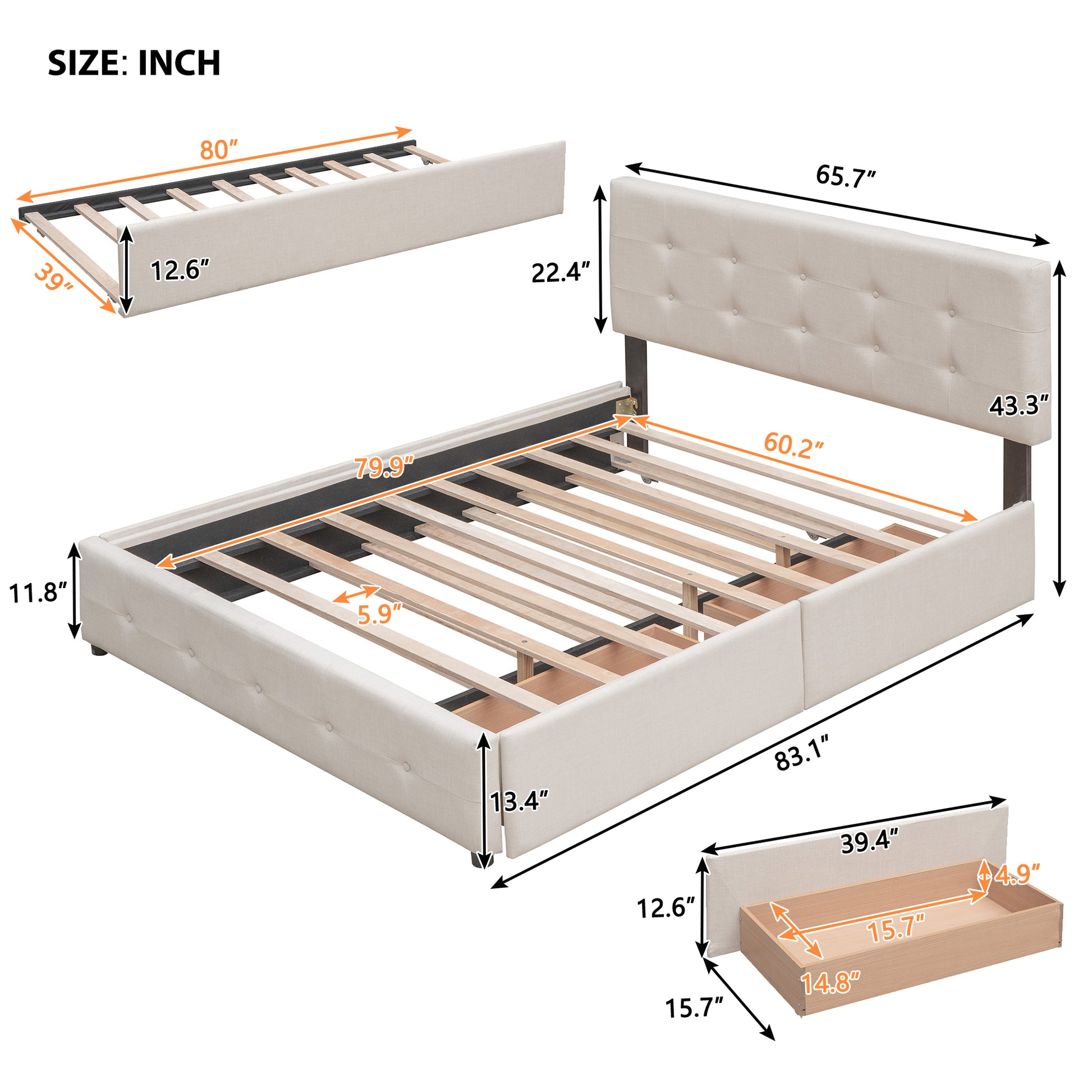 Upholstered Platform Bed With 2 Drawers And 1 Twin Xl Trundle, Linen Fabric, Queen Size Dark Beige Old Sku :Lp000314Aaa Beige Upholstered