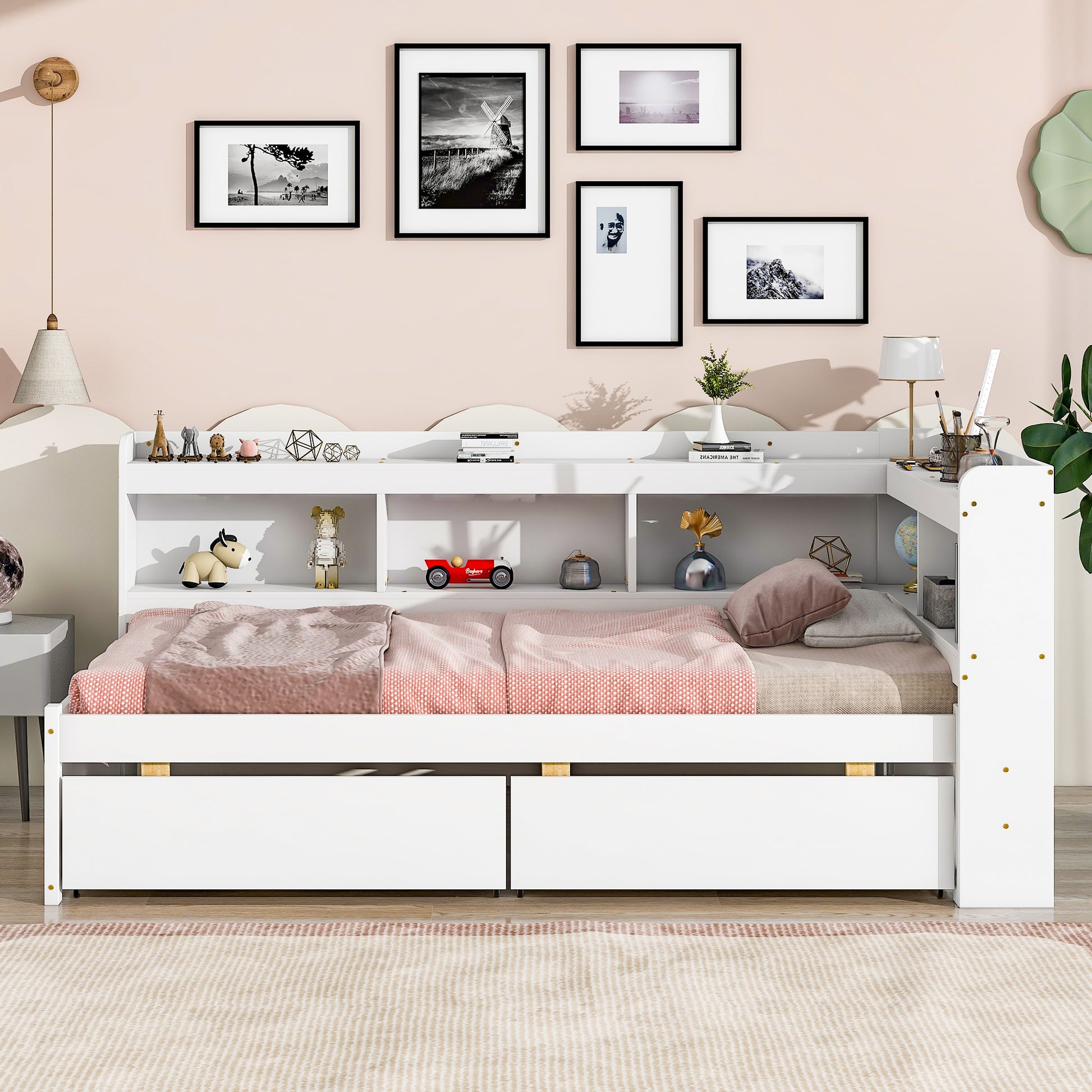 Twin Bed With L Shaped Bookcases,Drawers ,White White Pine