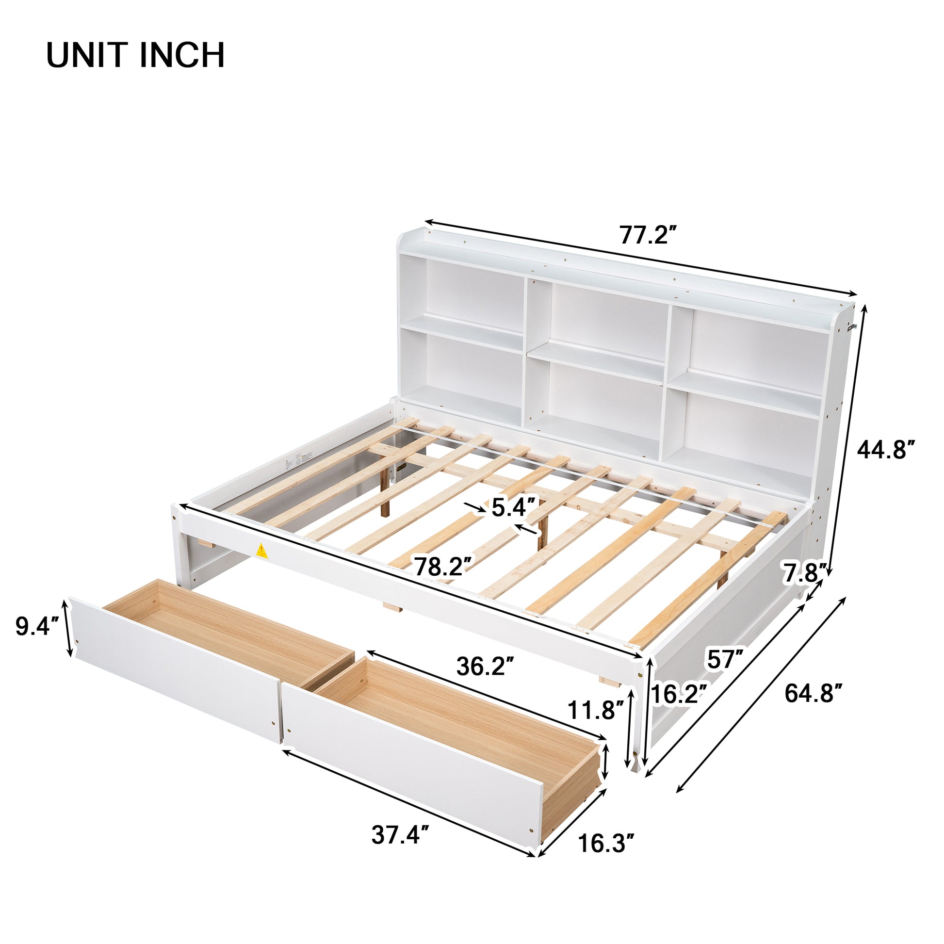 Full Bed With Side Bookcase, Drawers,White White Pine