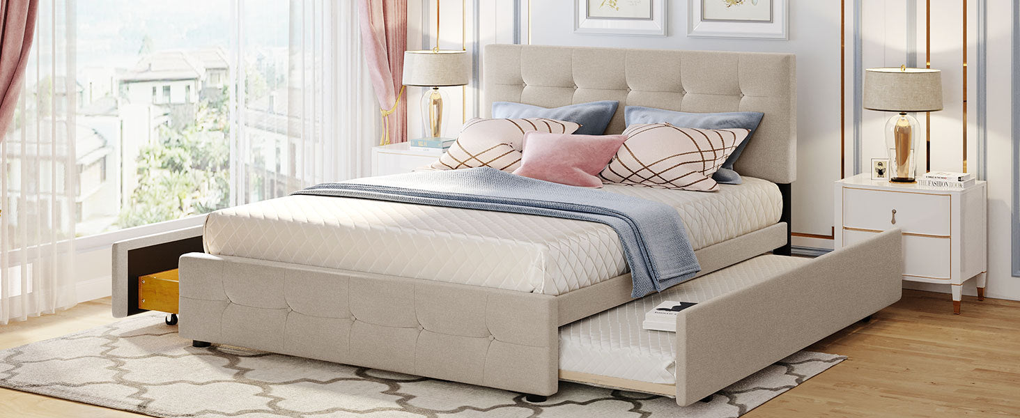 Upholstered Platform Bed With 2 Drawers And 1 Twin Xl Trundle, Linen Fabric, Queen Size Dark Beige Old Sku :Lp000314Aaa Beige Upholstered