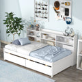 Twin Bed With Side Bookcase, Drawers,White White Pine