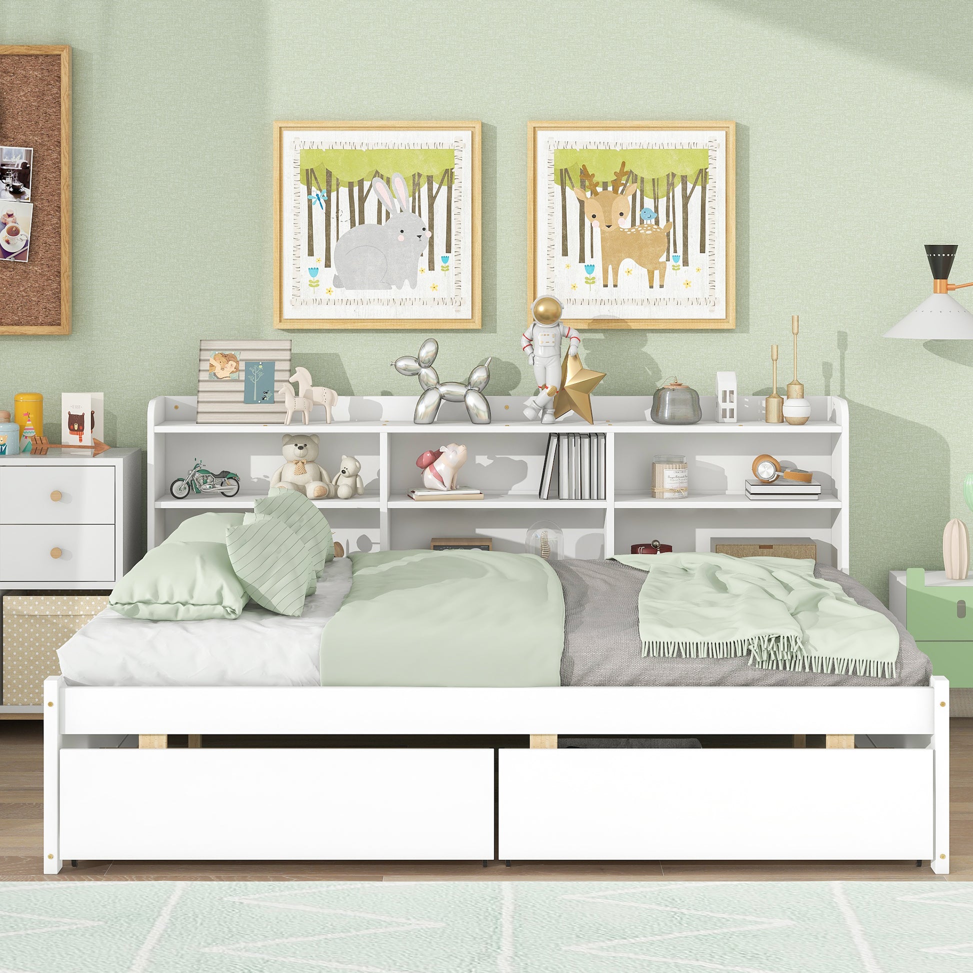 Full Bed With Side Bookcase, Drawers,White White Pine
