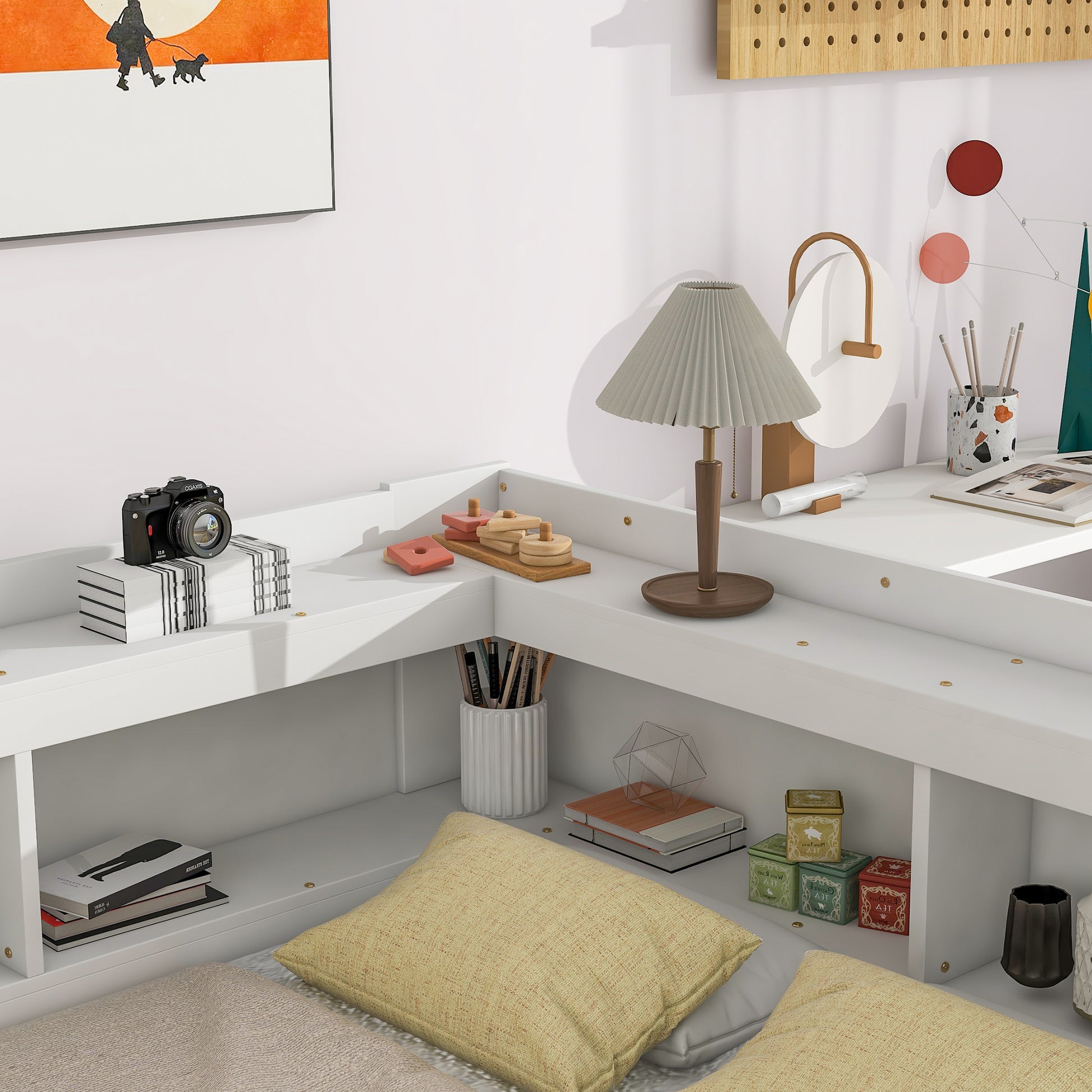 Full Bed With L Shaped Bookcases, Drawers ,White White Pine