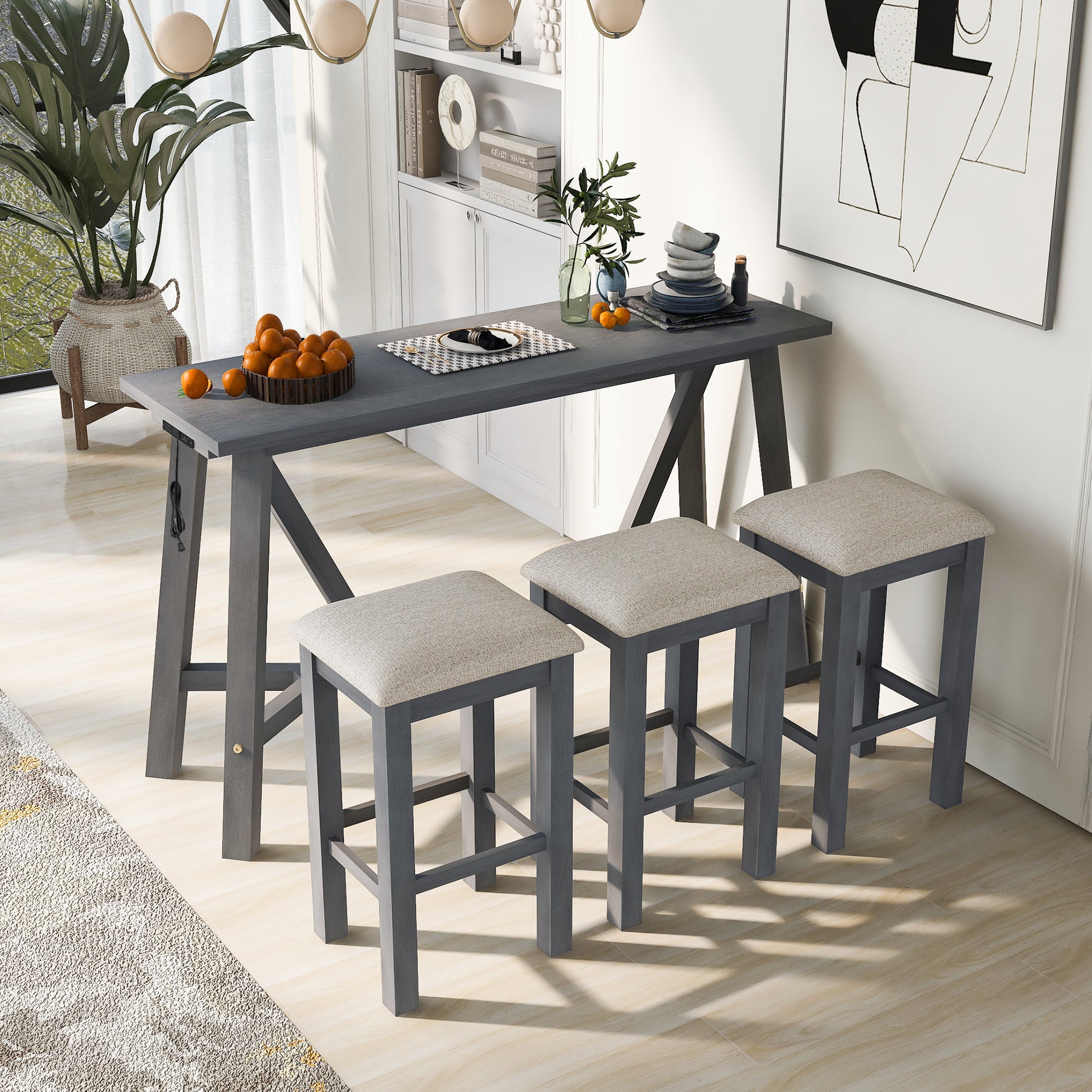 Multipurpose Home Kitchen Dining Bar Table Set With 3 Upholstered Stools Gray Gray Rubber Wood