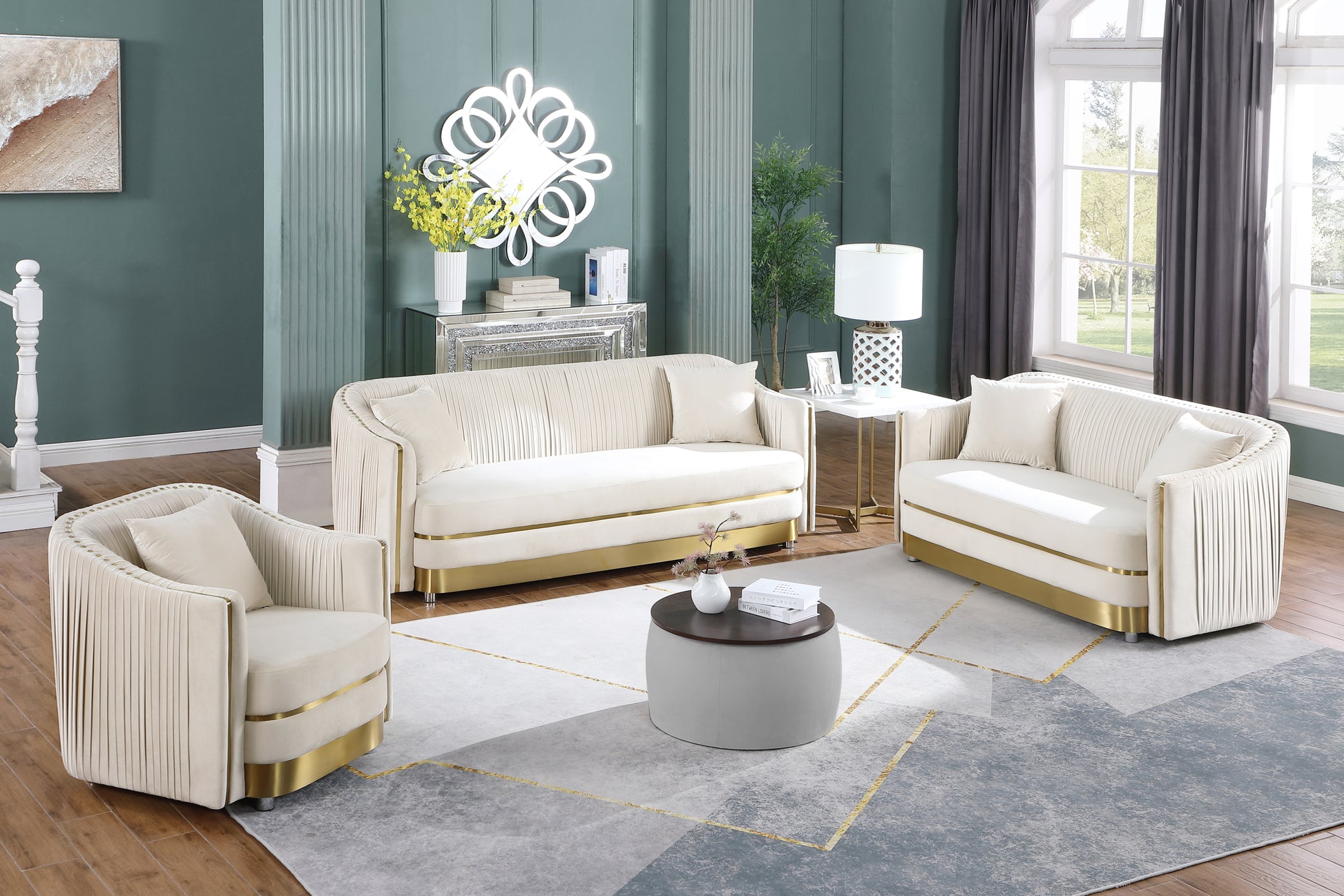 Video Round Ottoman Set With Storage, 2 In 1 Combination, Round Coffee Table, Square Foot Rest Footstool For Living Room Bedroom Entryway Office Gray Velvet