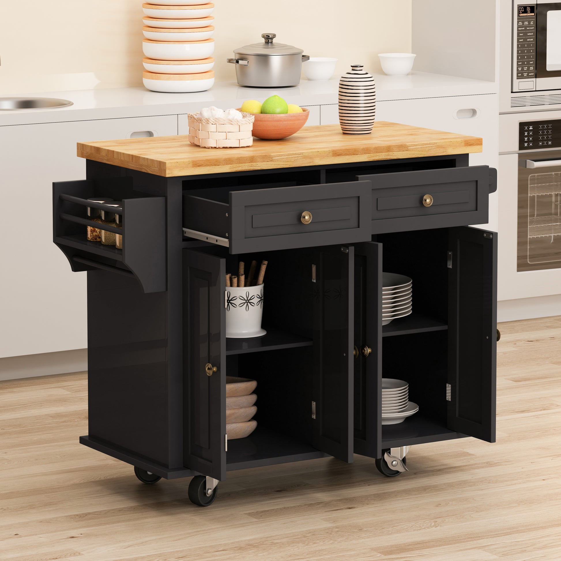 Kitchen Island Cart With Two Storage Cabinets And Two Locking Wheels,43.31 Inch Width,4 Door Cabinet And Two Drawers,Spice Rack, Towel Rack Black Black Mdf