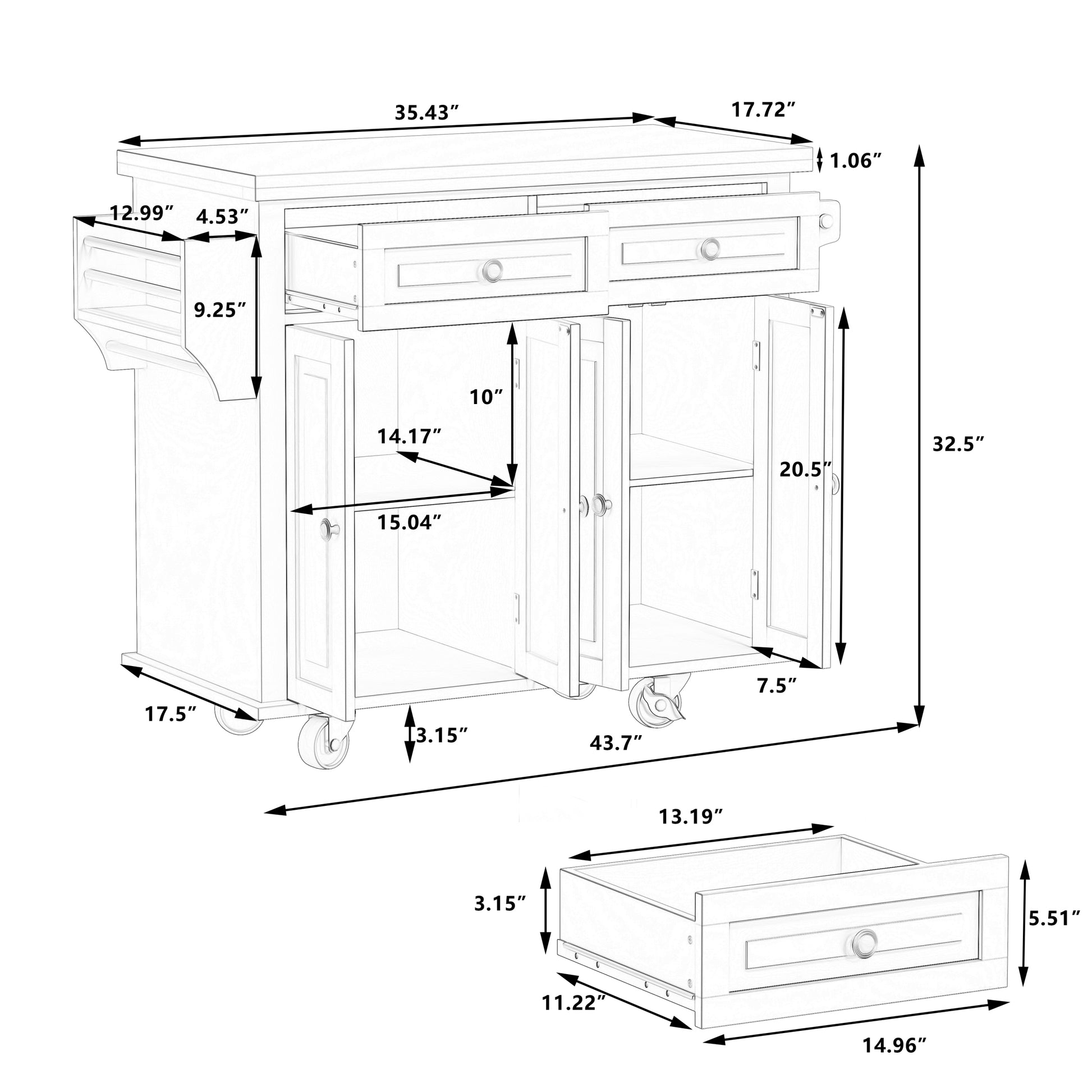 Kitchen Island Cart With Two Storage Cabinets And Two Locking Wheels,43.31 Inch Width,4 Door Cabinet And Two Drawers,Spice Rack, Towel Rack Black Black Mdf