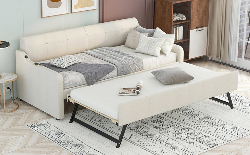 Twin Size Upholstery Daybed With Trundle And Usb Charging Design,Trundle Can Be Flat Or Erected,Beige Beige Upholstered