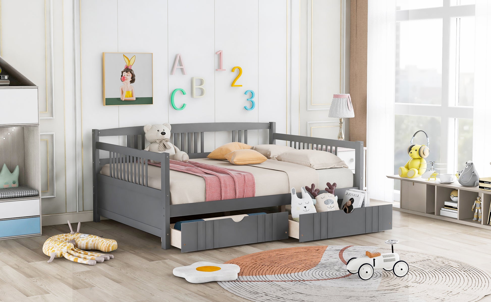 Full Size Daybed Wood Bed With Two Drawers,Gray Old Sku:Lp000058Aae Gray Solid Wood