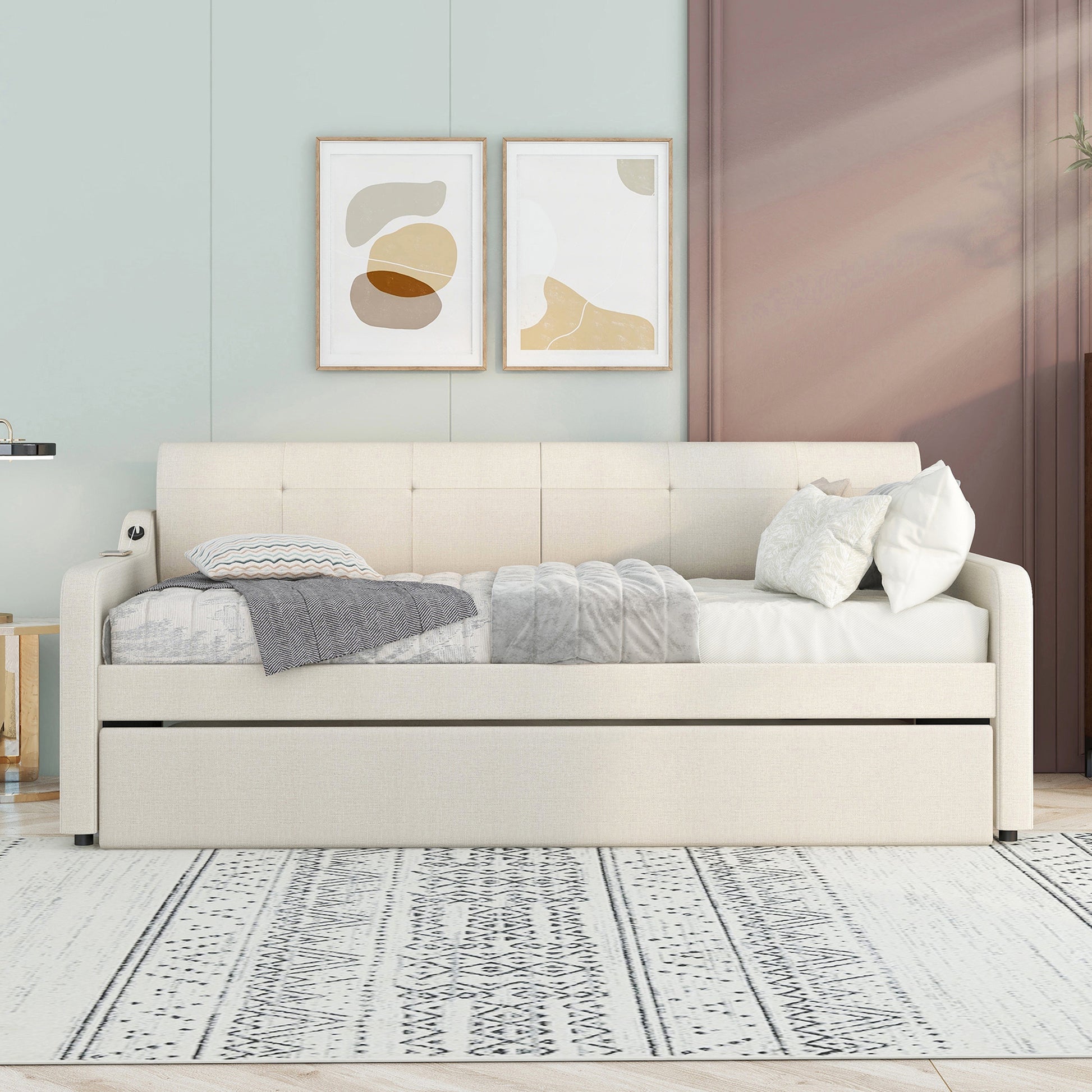 Twin Size Upholstery Daybed With Trundle And Usb Charging Design,Trundle Can Be Flat Or Erected,Beige Beige Upholstered