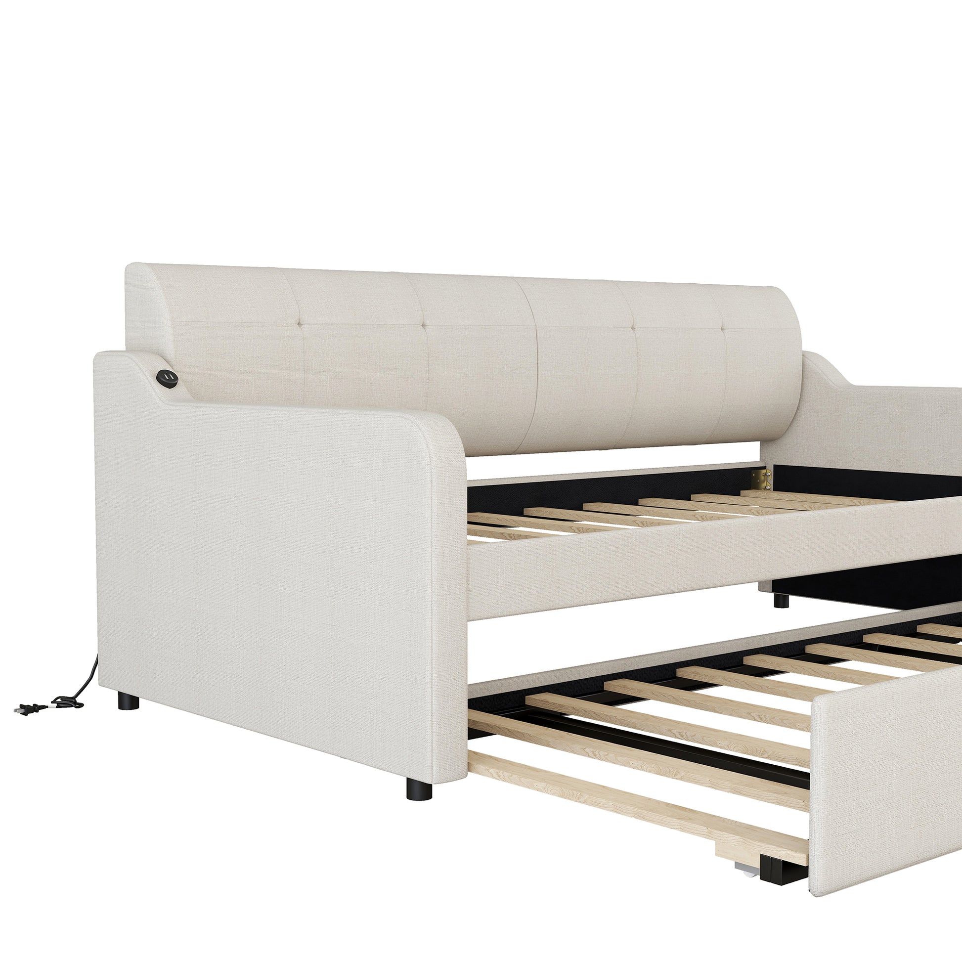 Twin Size Upholstery Daybed With Trundle And Usb Charging Design,Trundle Can Be Flat Or Erected,Beige Beige Upholstered