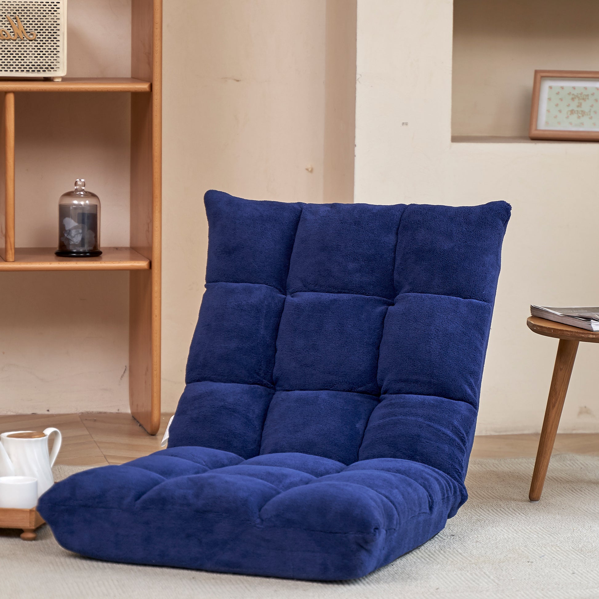 Modern Folding Lounge Chaise For Living Room And Bedroom,5 Reclining Position, Djustable Foldable Modern Leisure Sofa Video Gaming Sofa Navy Cotton Metal