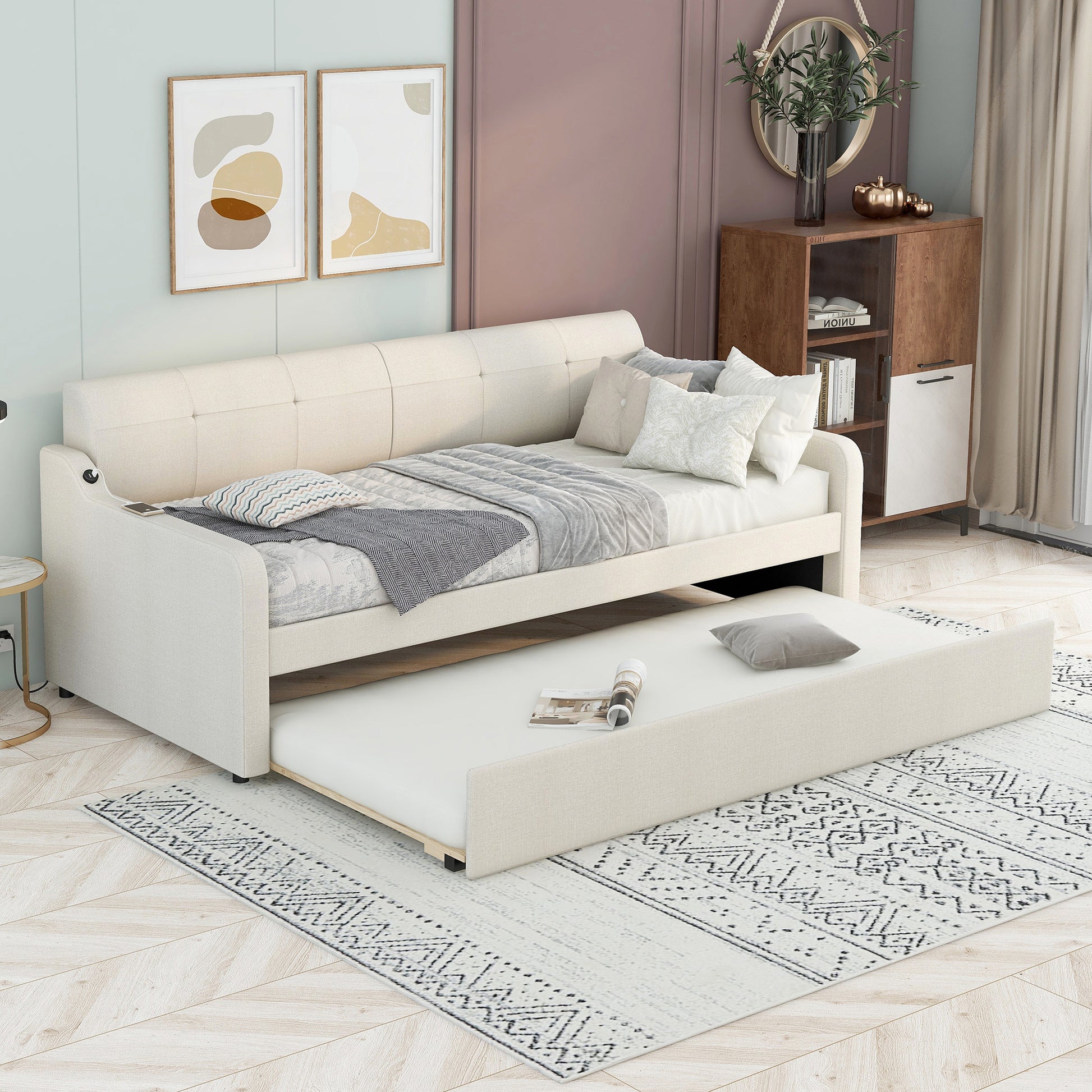 Twin Size Upholstery Daybed With Trundle And Usb Charging Design,Trundle Can Be Flat Or Erected,Beige Beige Upholstered