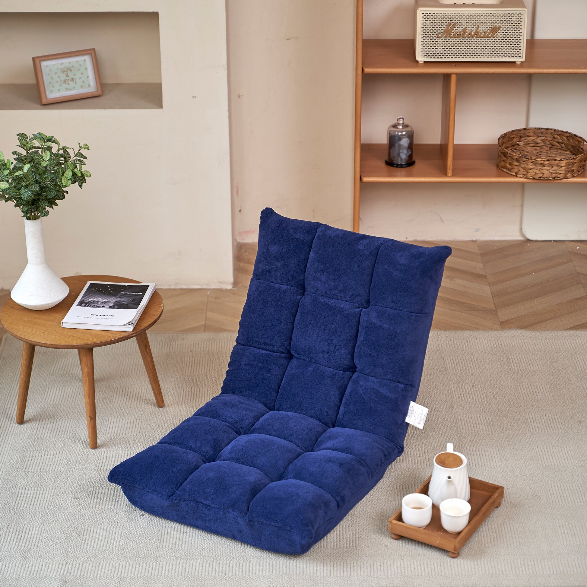 Modern Folding Lounge Chaise For Living Room And Bedroom,5 Reclining Position, Djustable Foldable Modern Leisure Sofa Video Gaming Sofa Navy Cotton Metal
