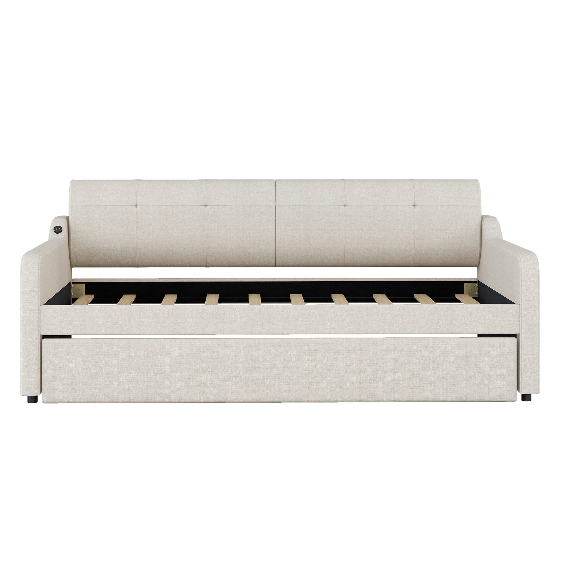 Twin Size Upholstery Daybed With Trundle And Usb Charging Design,Trundle Can Be Flat Or Erected,Beige Beige Upholstered