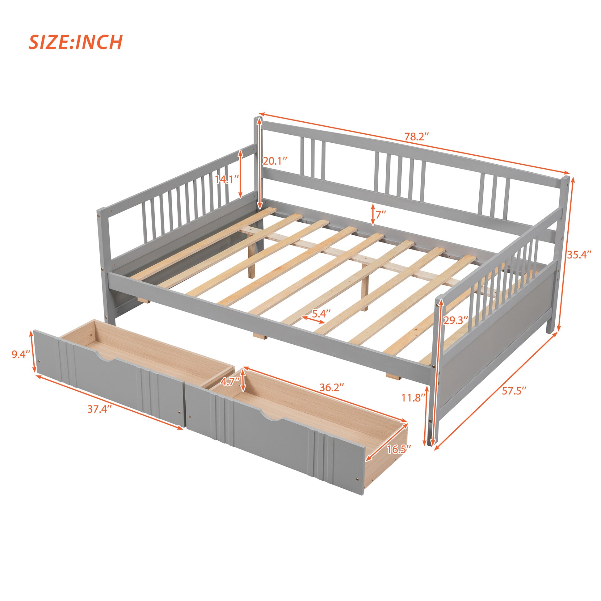 Full Size Daybed Wood Bed With Two Drawers,Gray Old Sku:Lp000058Aae Gray Solid Wood