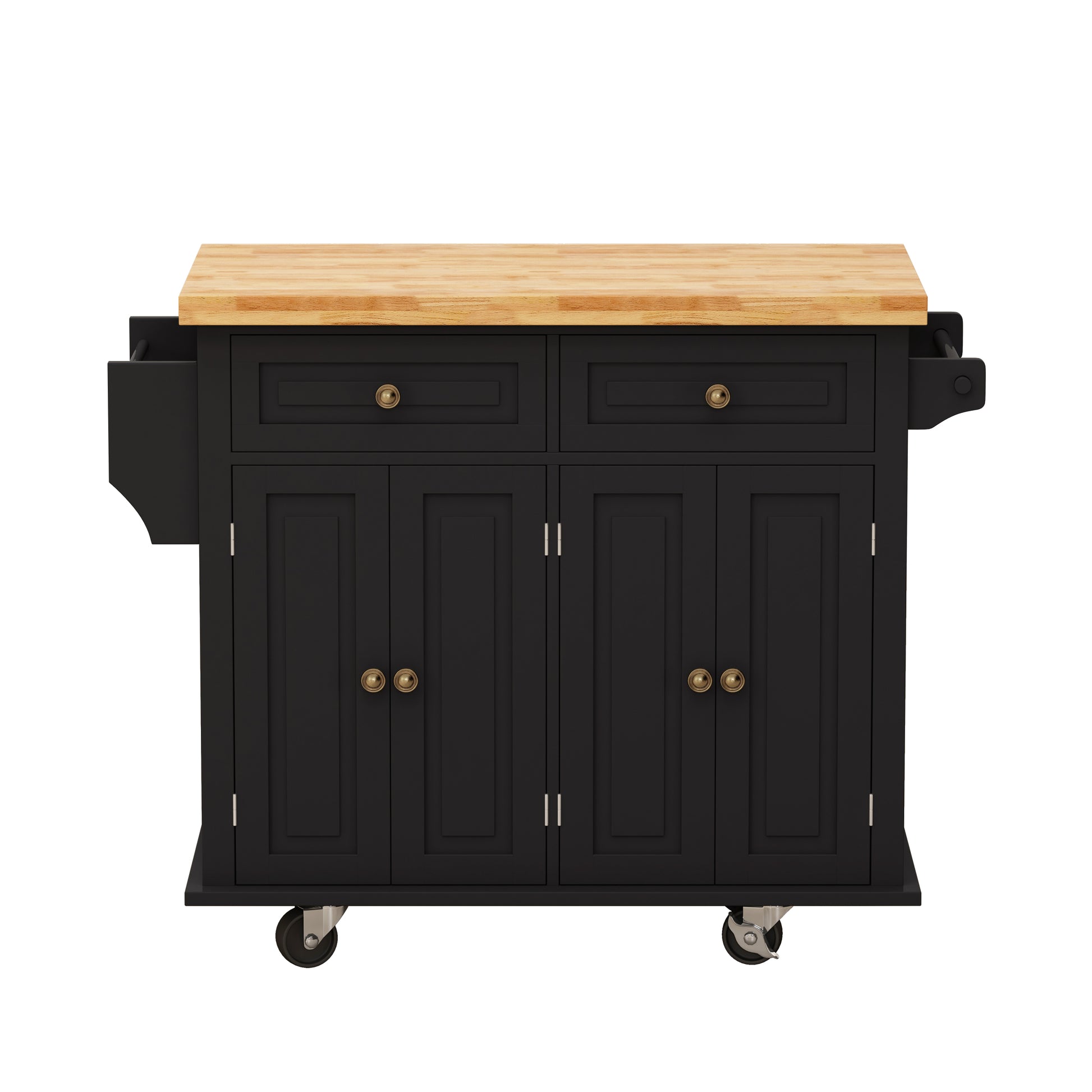 Kitchen Island Cart With Two Storage Cabinets And Two Locking Wheels,43.31 Inch Width,4 Door Cabinet And Two Drawers,Spice Rack, Towel Rack Black Black Mdf