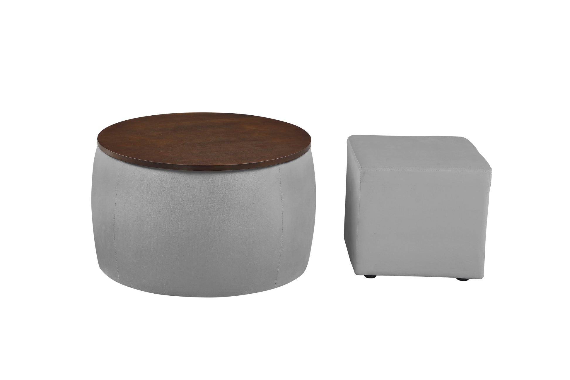 Video Round Ottoman Set With Storage, 2 In 1 Combination, Round Coffee Table, Square Foot Rest Footstool For Living Room Bedroom Entryway Office Gray Velvet