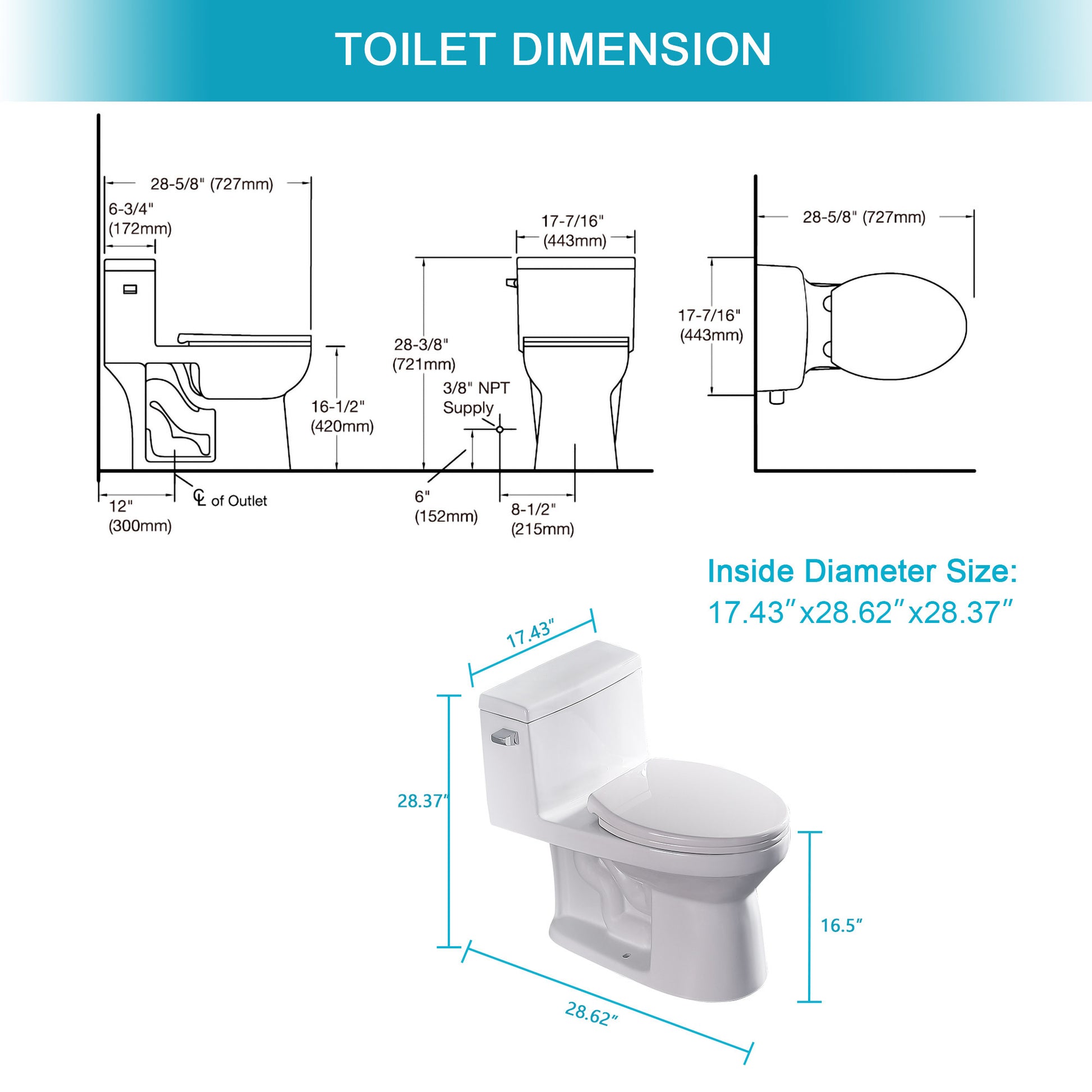 Ceramic One Piece Toilet,Single Flush With Soft Clsoing Seat White Ceramic