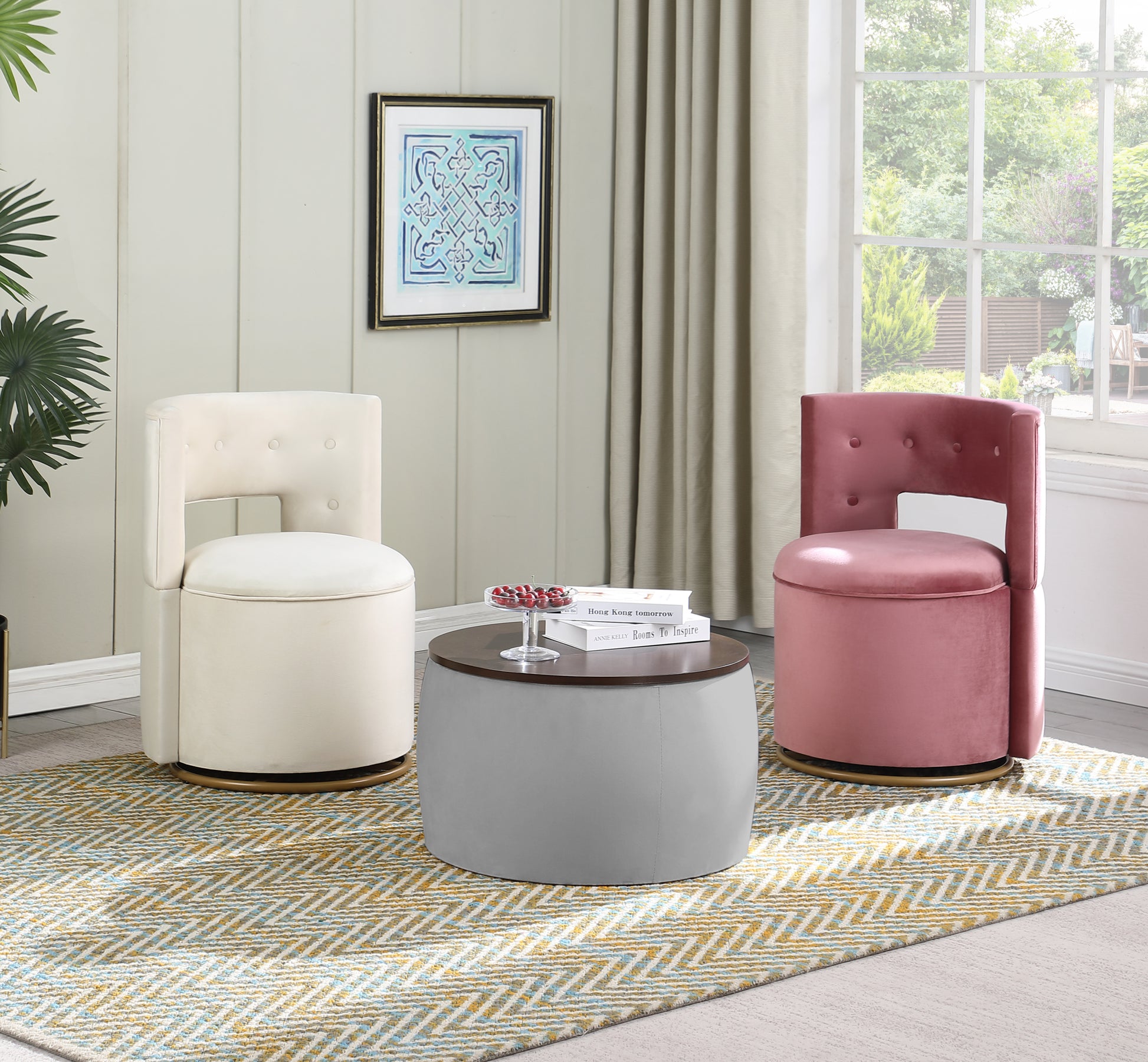 Video Round Ottoman Set With Storage, 2 In 1 Combination, Round Coffee Table, Square Foot Rest Footstool For Living Room Bedroom Entryway Office Gray Velvet