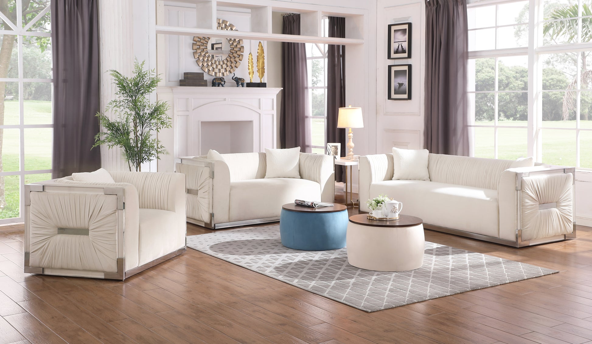Video Round Ottoman Set With Storage, 2 In 1 Combination, Round Coffee Table, Square Foot Rest Footstool For Living Room Bedroom Entryway Office Gray Velvet