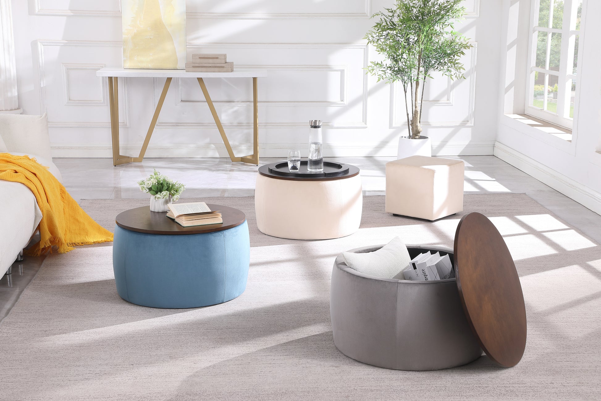 Video Round Ottoman Set With Storage, 2 In 1 Combination, Round Coffee Table, Square Foot Rest Footstool For Living Room Bedroom Entryway Office Gray Velvet