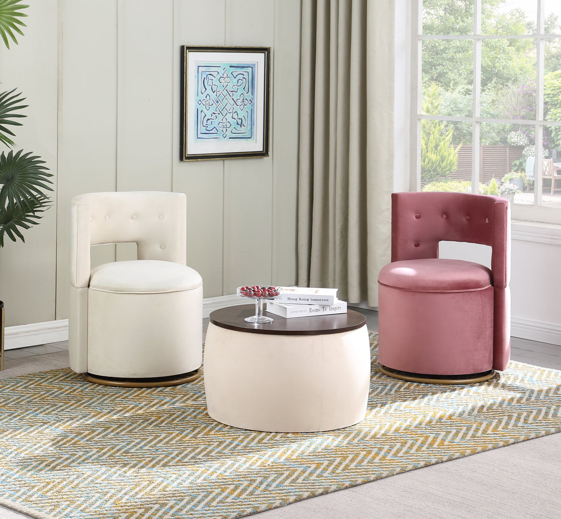 Video Round Ottoman Set With Storage, 2 In 1 Combination, Round Coffee Table, Square Foot Rest Footstool For Living Room Bedroom Entryway Office Beige Velvet