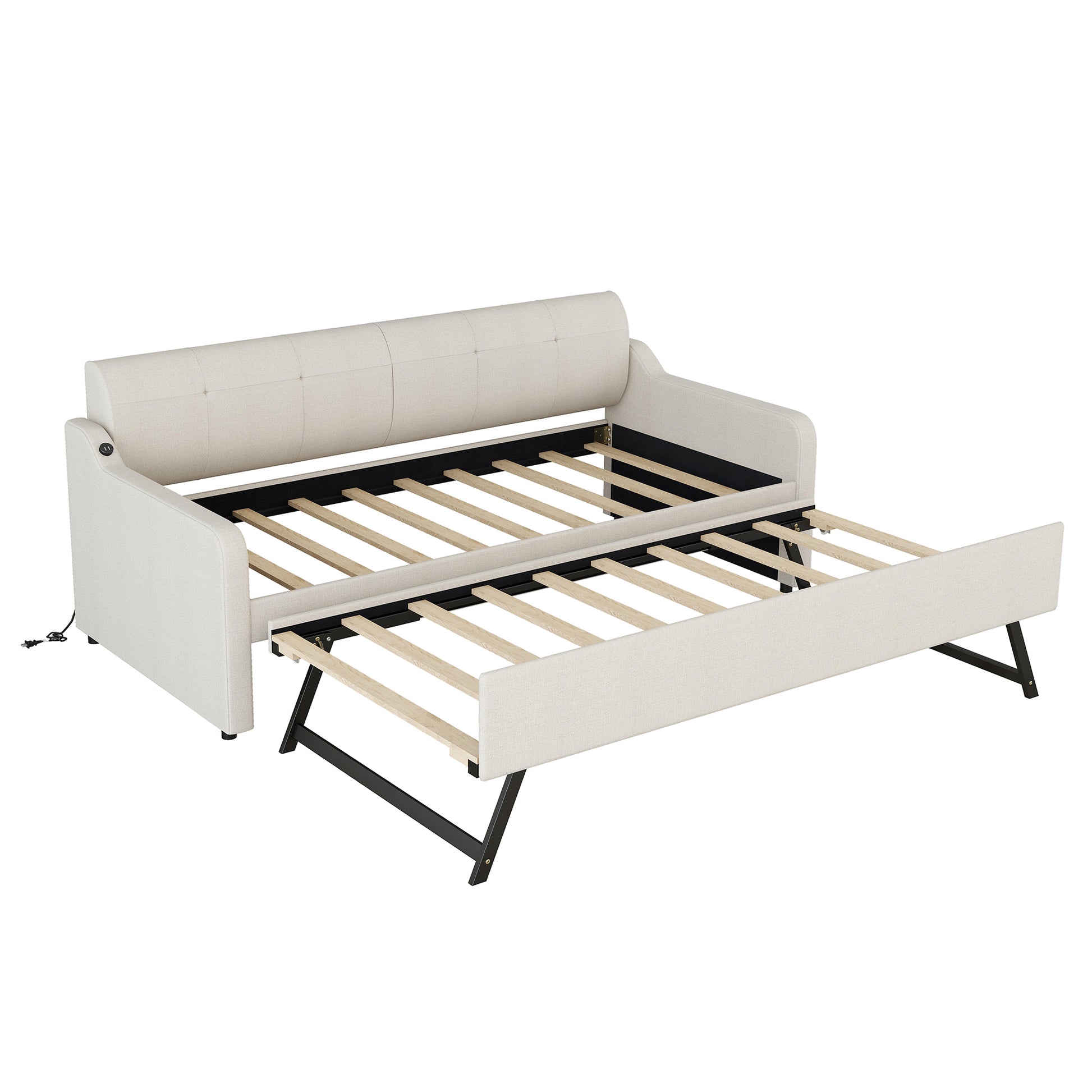 Twin Size Upholstery Daybed With Trundle And Usb Charging Design,Trundle Can Be Flat Or Erected,Beige Beige Upholstered