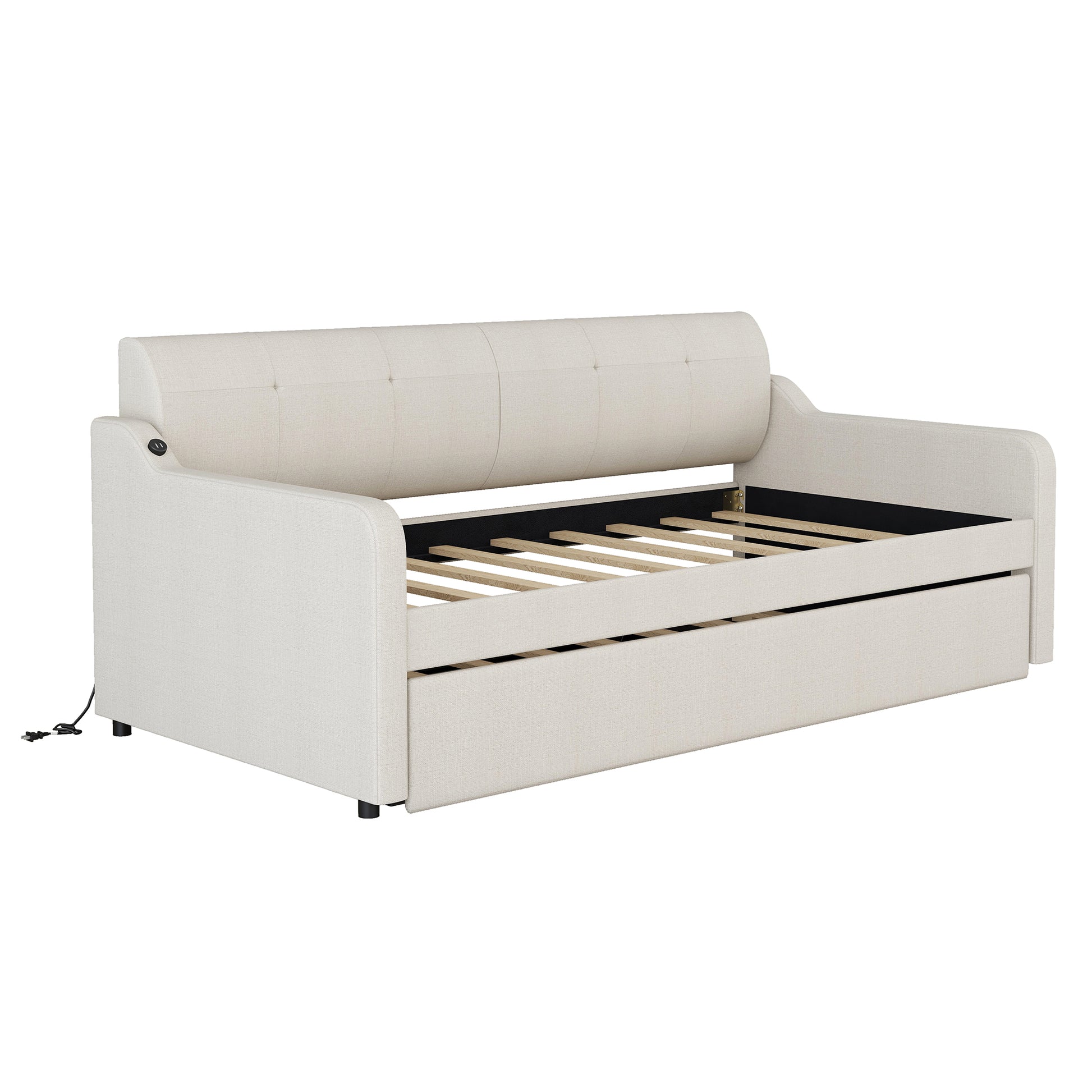 Twin Size Upholstery Daybed With Trundle And Usb Charging Design,Trundle Can Be Flat Or Erected,Beige Beige Upholstered