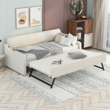 Twin Size Upholstery Daybed With Trundle And Usb Charging Design,Trundle Can Be Flat Or Erected,Beige Beige Upholstered