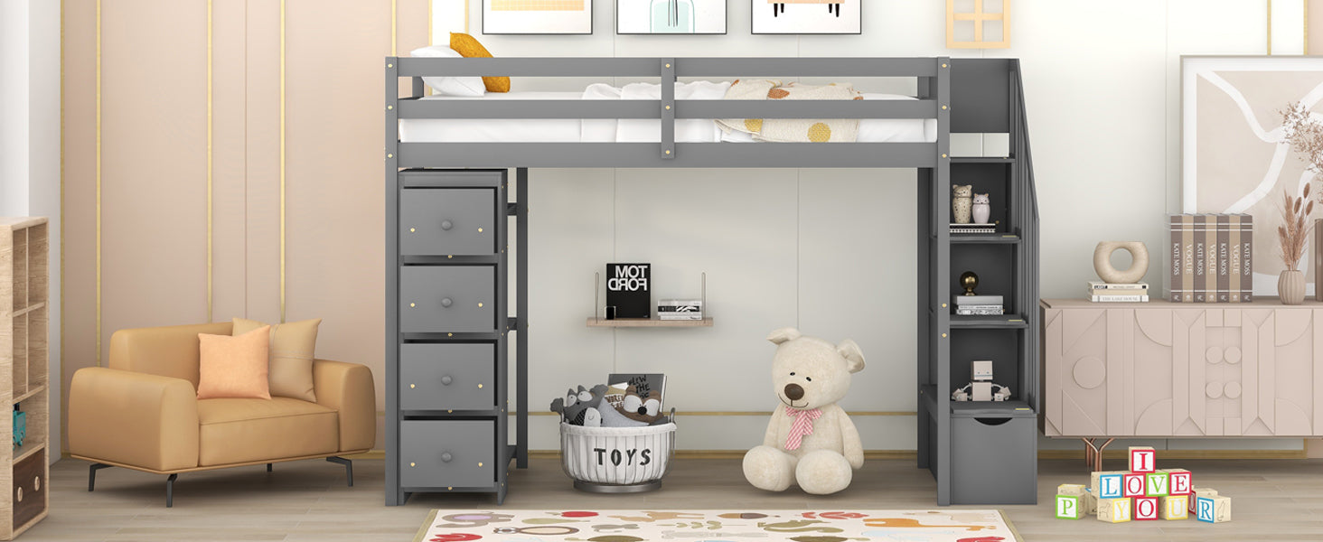 Twin Size Loft Bed With Storage Drawers And Stairs, Wooden Loft Bed With Shelves Gray Gray Solid Wood