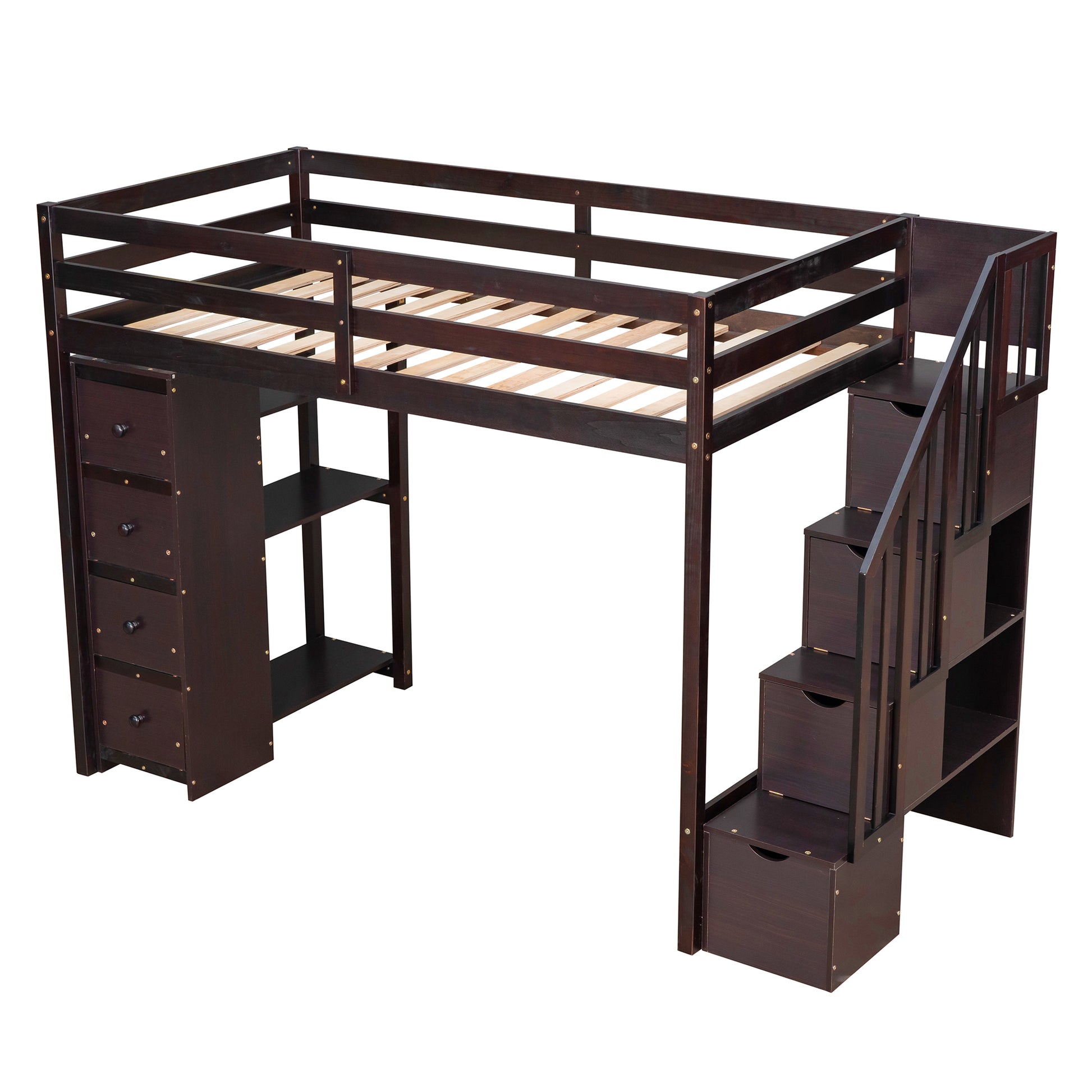 Twin Size Loft Bed With Storage Drawers And Stairs, Wooden Loft Bed With Shelves Espresso Espresso Solid Wood