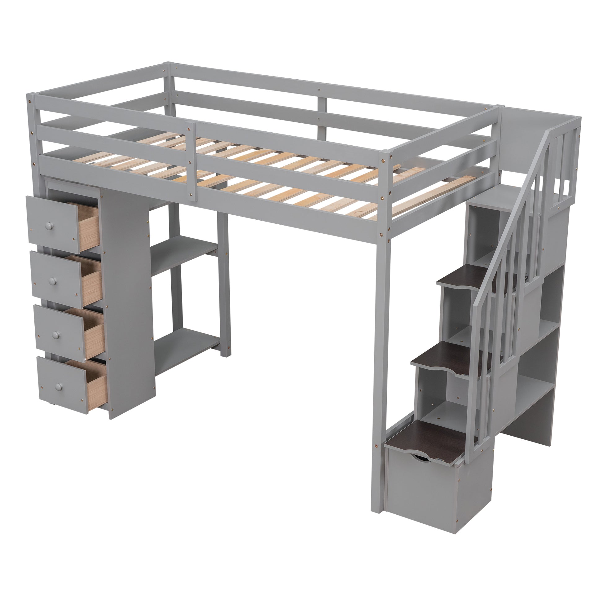 Twin Size Loft Bed With Storage Drawers And Stairs, Wooden Loft Bed With Shelves Gray Gray Solid Wood