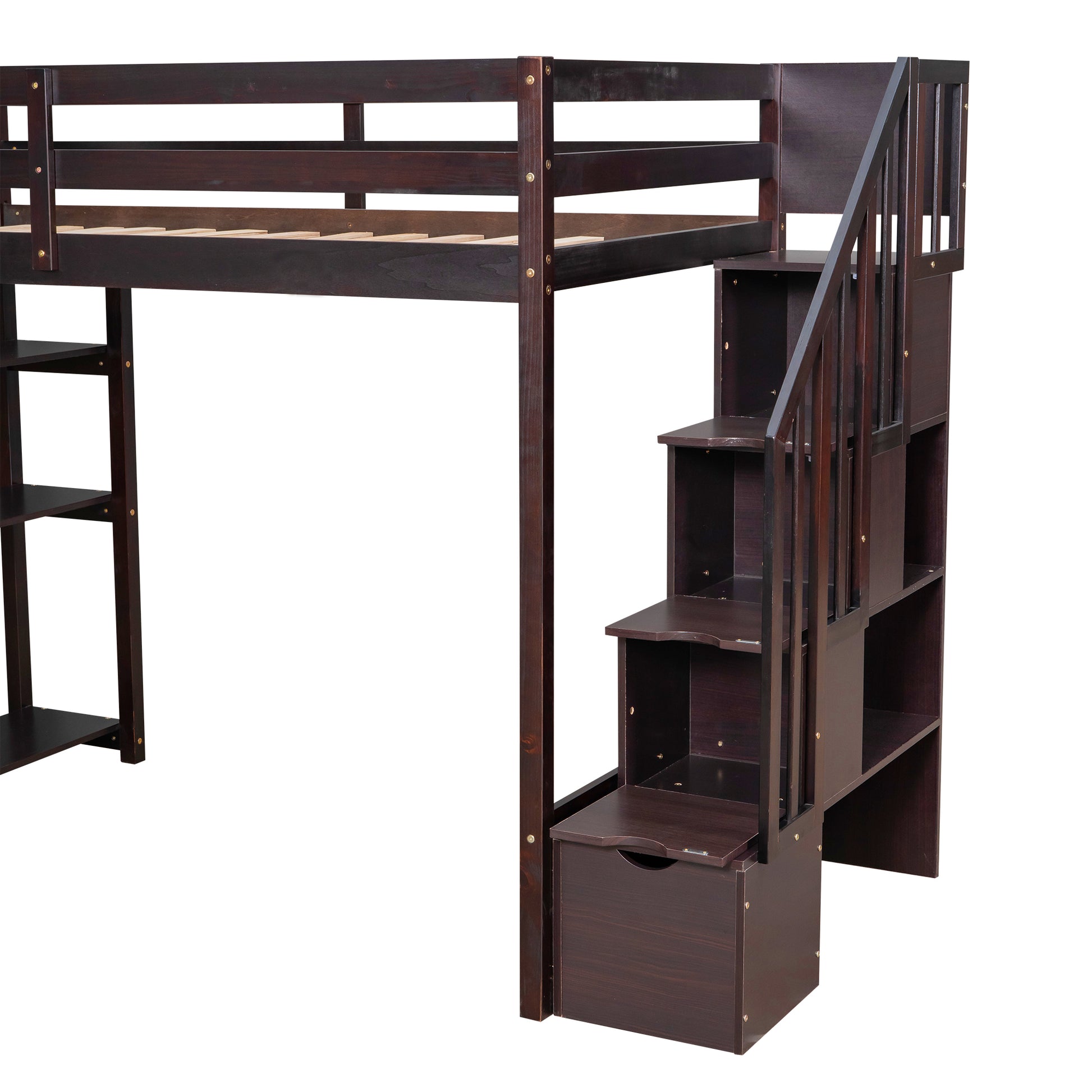 Twin Size Loft Bed With Storage Drawers And Stairs, Wooden Loft Bed With Shelves Espresso Espresso Solid Wood