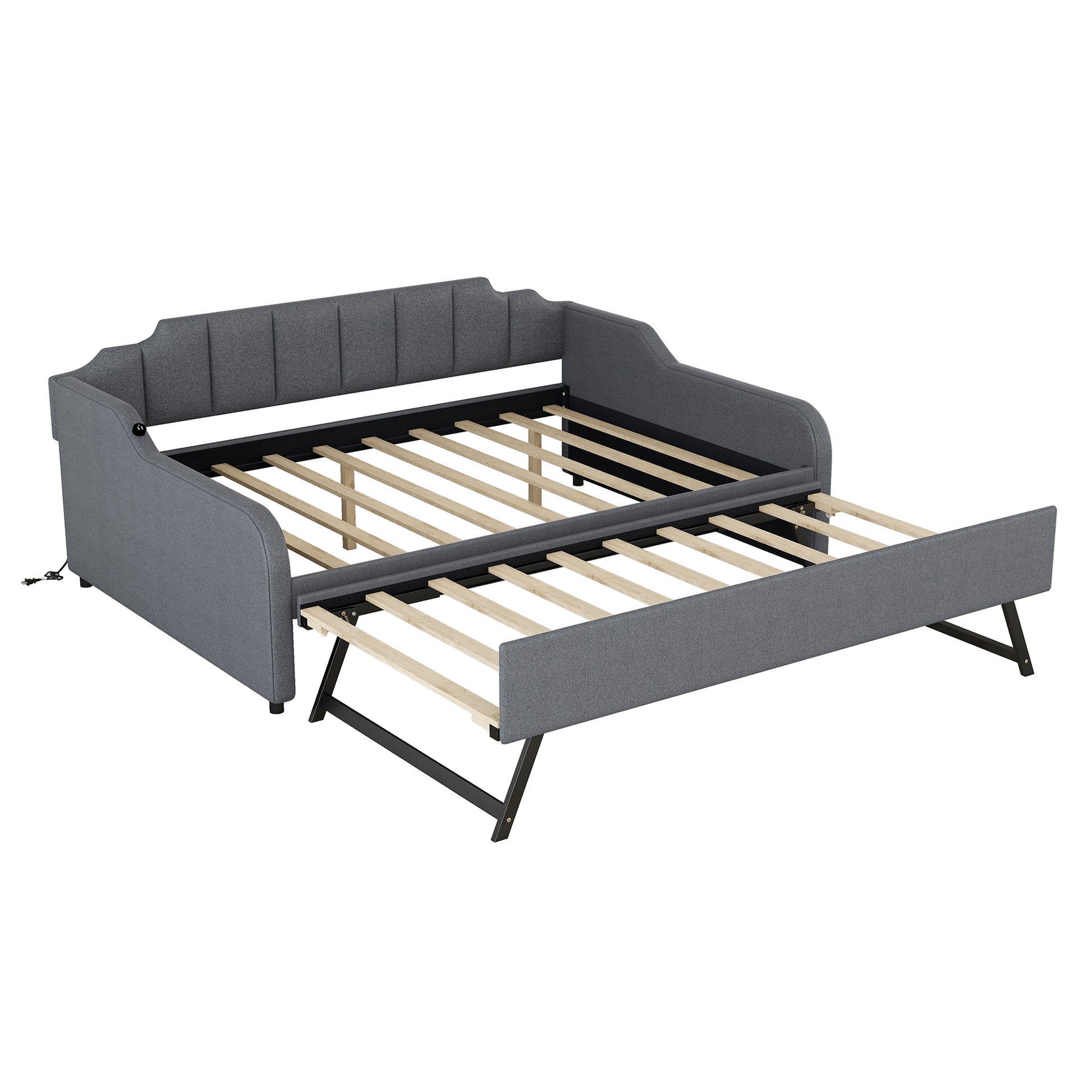 Full Size Upholstery Daybed With Trundle And Usb Charging Design,Trundle Can Be Flat Or Erected,Gray Full Gray Pine