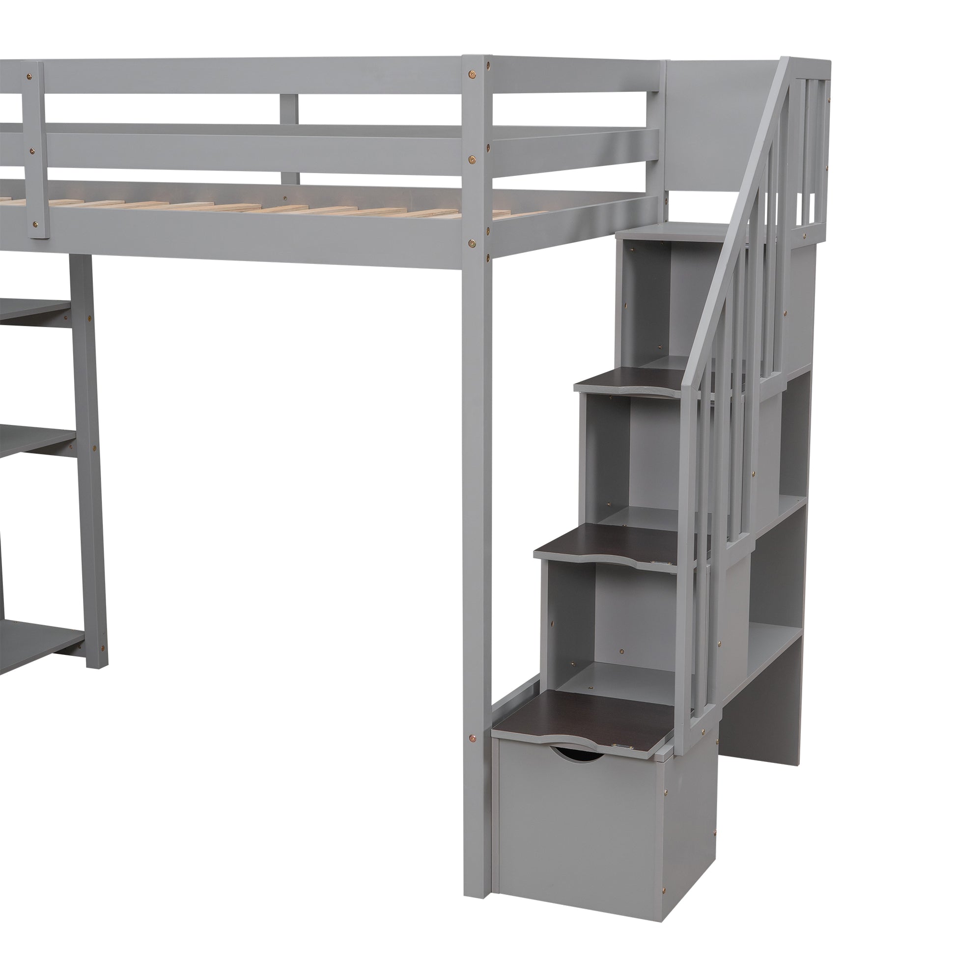 Twin Size Loft Bed With Storage Drawers And Stairs, Wooden Loft Bed With Shelves Gray Gray Solid Wood