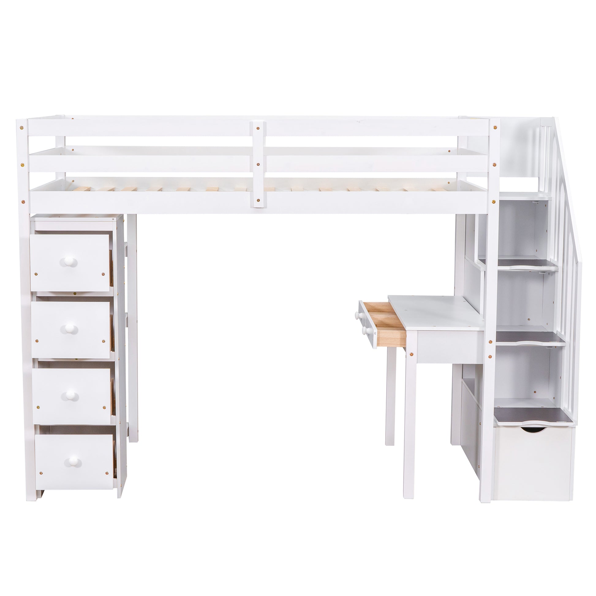 Twin Size Loft Bed With Storage Drawers ,Desk And Stairs, Wooden Loft Bed With Shelves White White Solid Wood