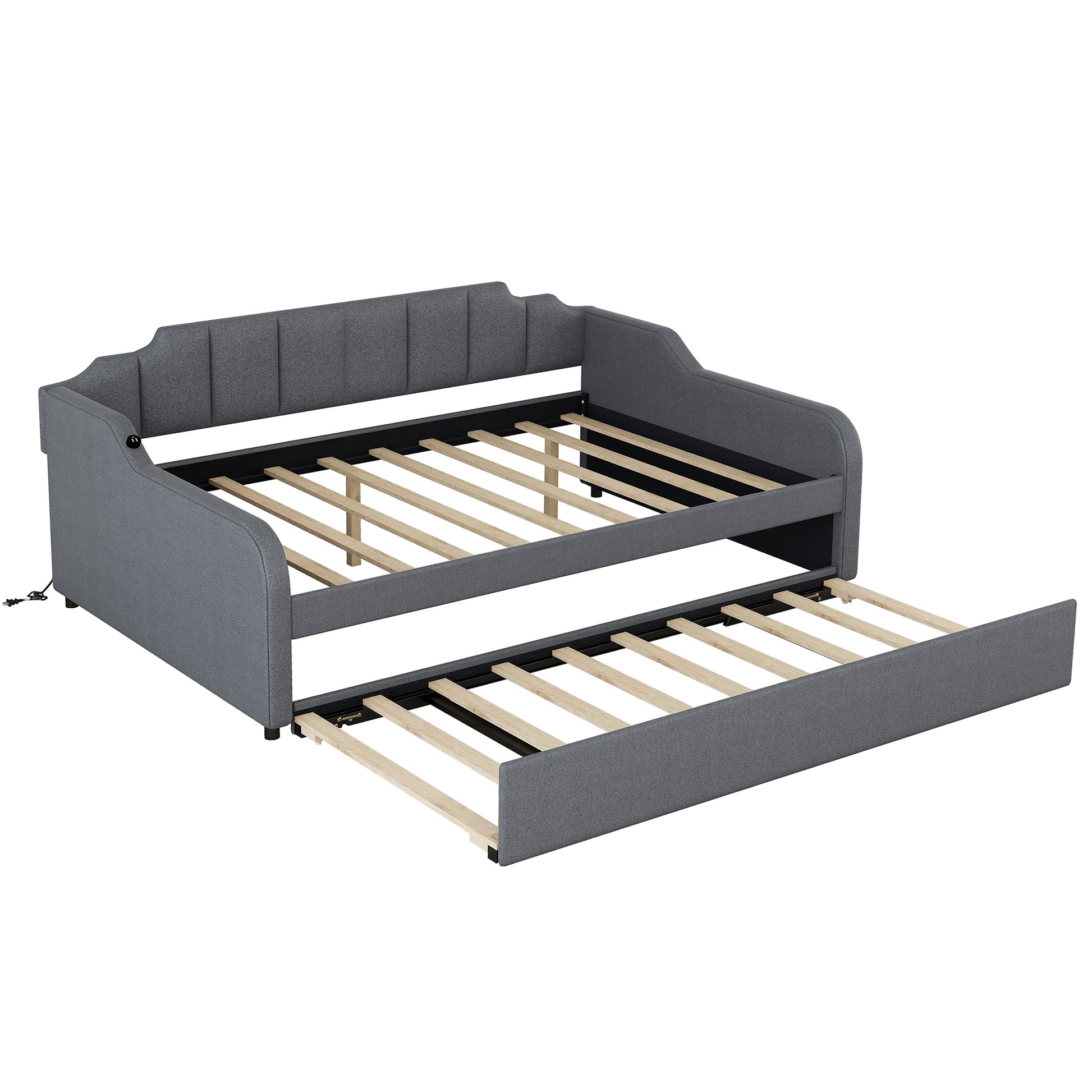 Full Size Upholstery Daybed With Trundle And Usb Charging Design,Trundle Can Be Flat Or Erected,Gray Full Gray Pine