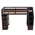 Twin Size Loft Bed With Storage Drawers And Stairs, Wooden Loft Bed With Shelves Espresso Espresso Solid Wood