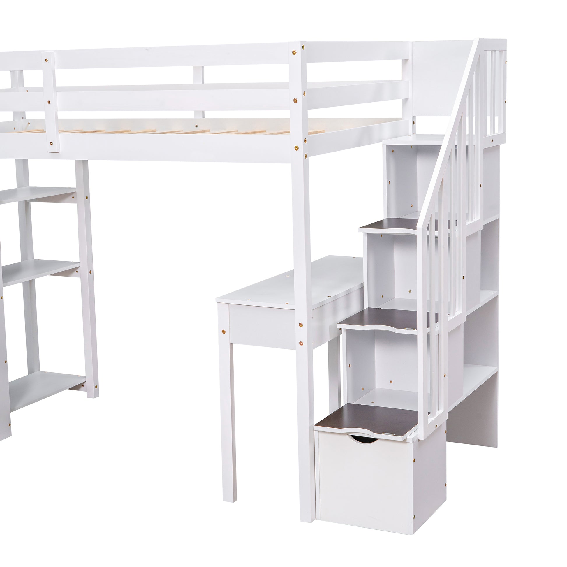 Twin Size Loft Bed With Storage Drawers ,Desk And Stairs, Wooden Loft Bed With Shelves White White Solid Wood