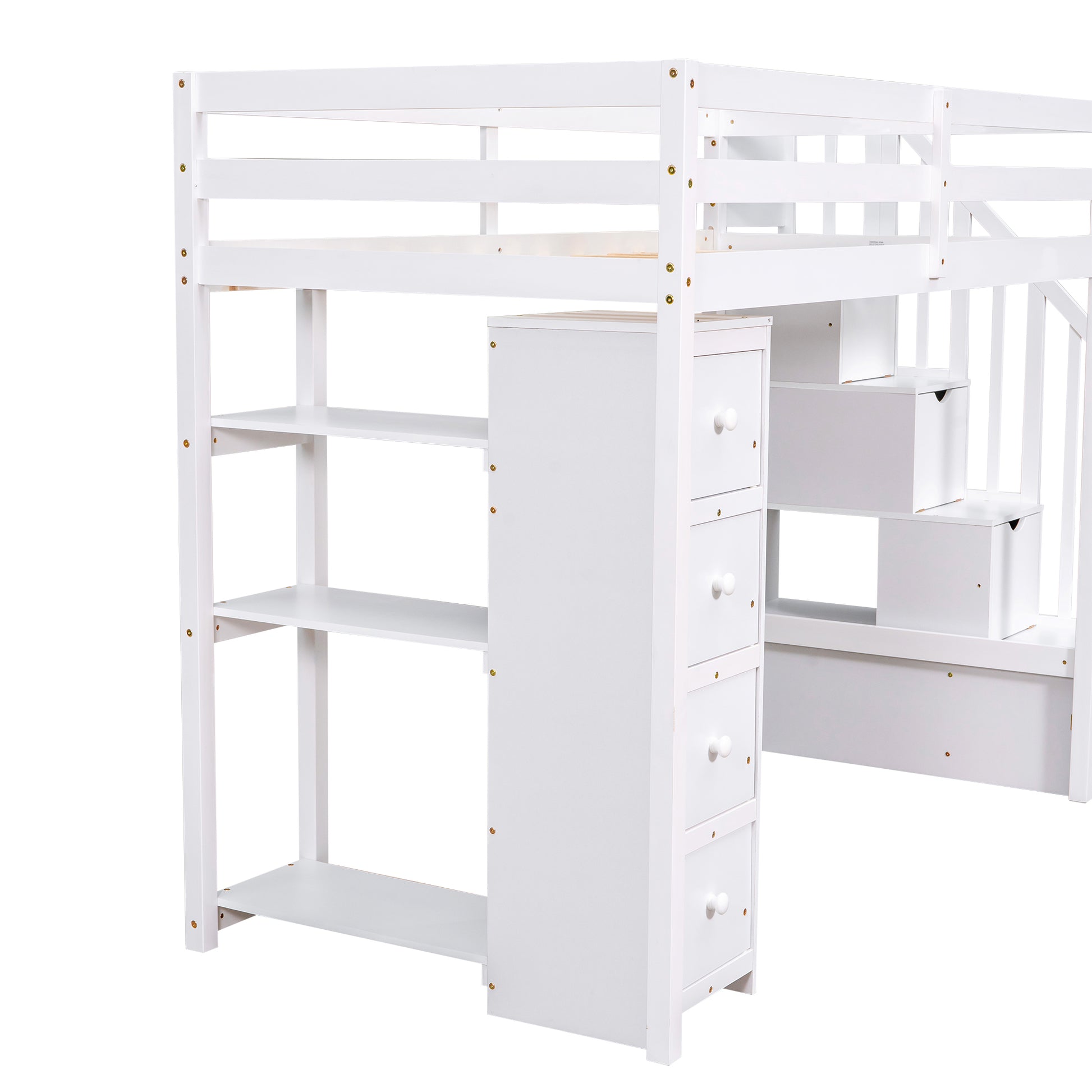 Twin Size Loft Bed With Storage Drawers And Stairs, Wooden Loft Bed With Shelves White White Solid Wood