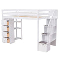 Twin Size Loft Bed With Storage Drawers And Stairs, Wooden Loft Bed With Shelves White White Solid Wood